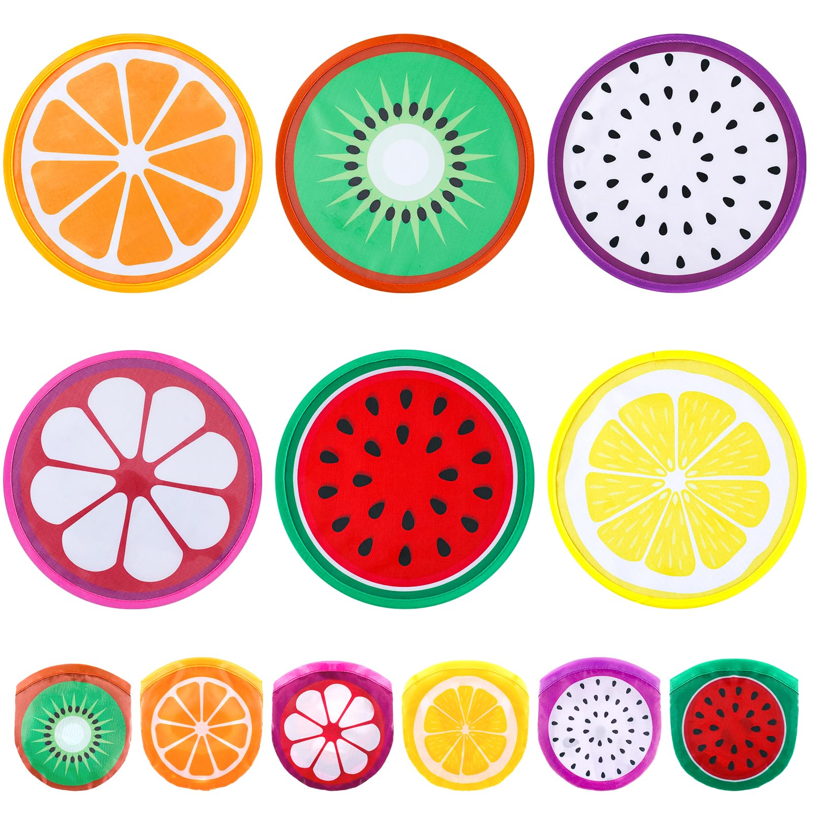 Photo 1 of CroBlissful 6 Pcs Foldable Flying Disc Fans 9.84'' Fruit Folding Fan Round Collapsible Handheld Fan Decorative Pocket Fans with Bag for Gift Beach Lawn Park Camping Game Party Favor