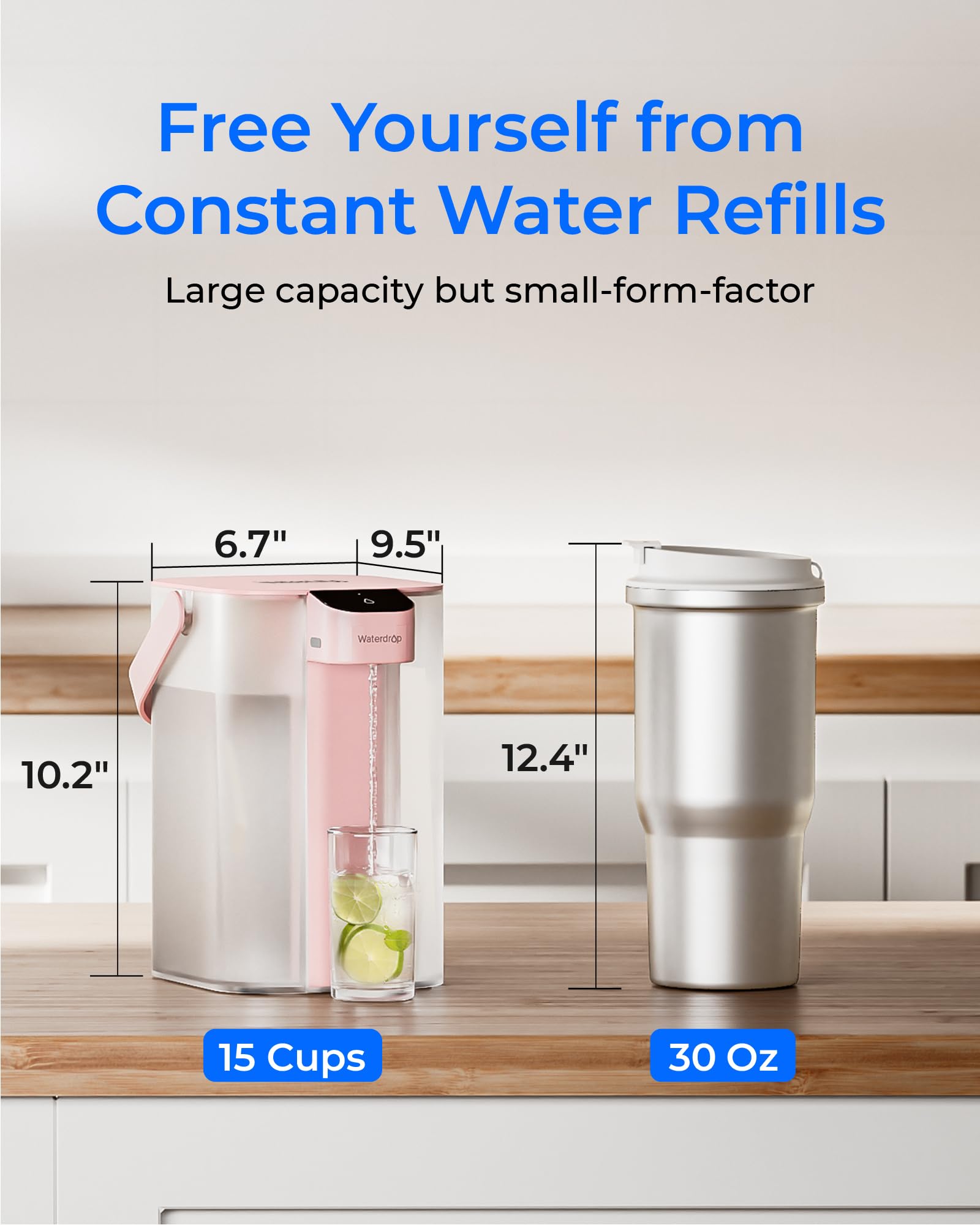 Waterdrop Instant Eletric - Brocca per acqua potabile, 3,5 l, 3 mesi, sistema per acqua potabile, riduce cloro, piombo, mercurio, PFAS, PFOA/PFOS, rosa (con 1 filtro da 757 litri)