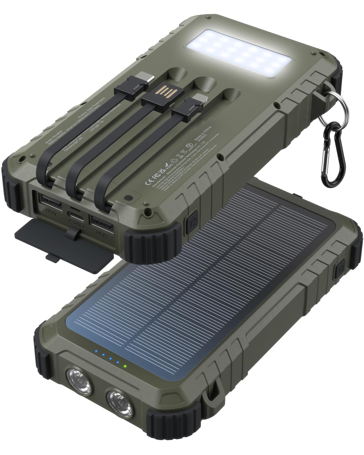 Chargeur solaire 20 000 mAh Charge rapide 3 câbles LED Double lampe de poche portable Batterie externe portable avec sortie USB C Essentiels de camping en plein air pour iPhone Samsung etc.