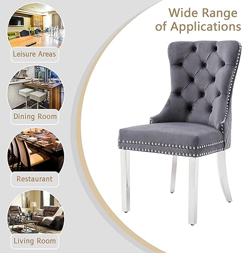 Miniatura 7 de KCC Juego de 2 sillas de comedor tapizadas de terciopelo, modernas sillas capitoné con botones con anillo de cabeza de león y patas de acero