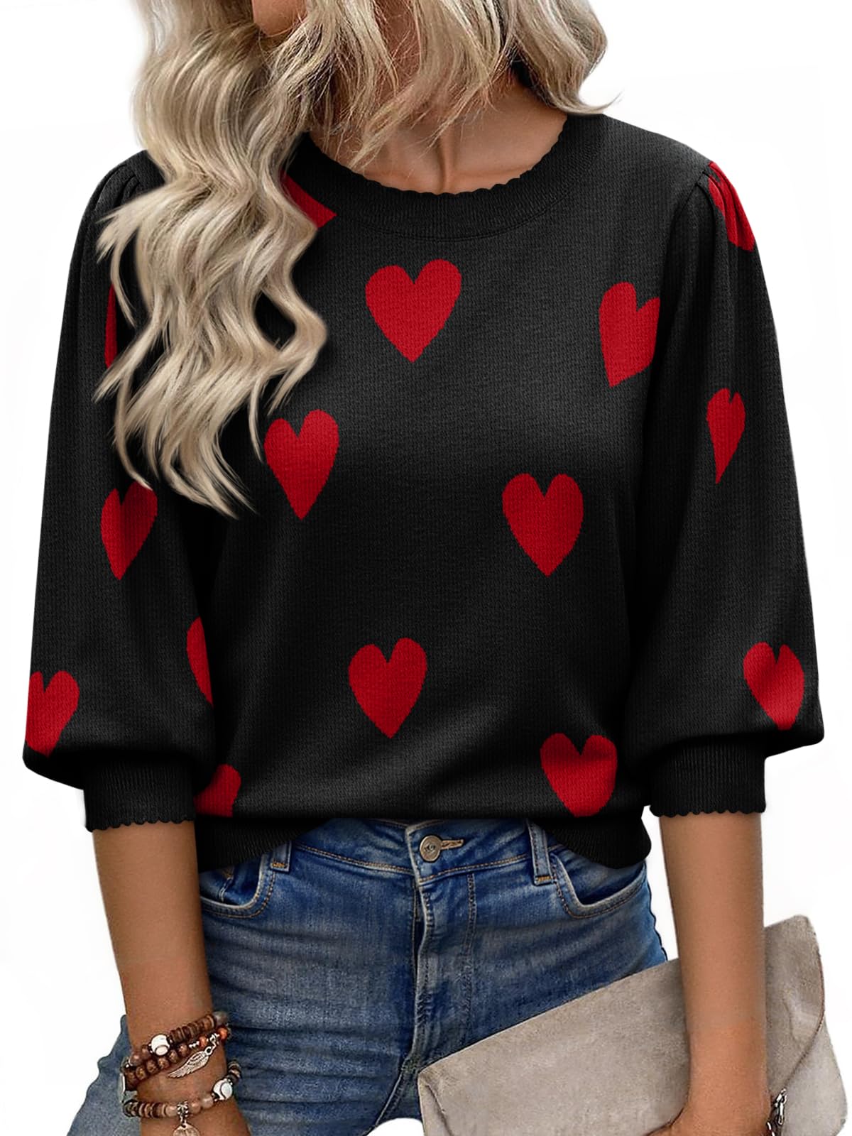 Cicy Bell Womens 3 4 Puff Sleeve Sweater Tops Fall Casual Crew Neck Lightweight Knit Pullover Loose Fit