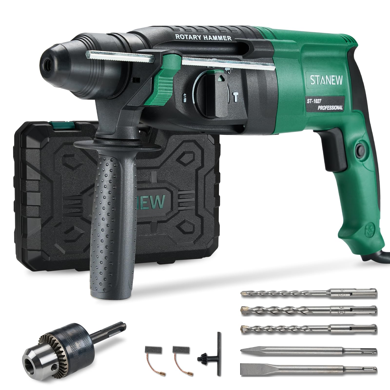 STANEW Taladro Percutor con cable SDS Plus 950W, Martillo perforador con 0-1150RPM/5100BPM con 4 funciones y embrague de seguridad, mango giratorio de 360°, velocidad variable, hormigón, acero, madera