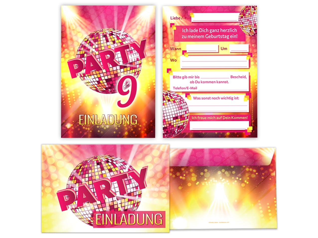 JuNa-Experten Lot De 12 Cartes D'invitation Pour 9e Anniversaire D'enfant Fille Disco VIP Invitation 9e Anniversaire Avec 12 Enveloppes, 12 Sachets De Fête/naturel, 12 Autocollants