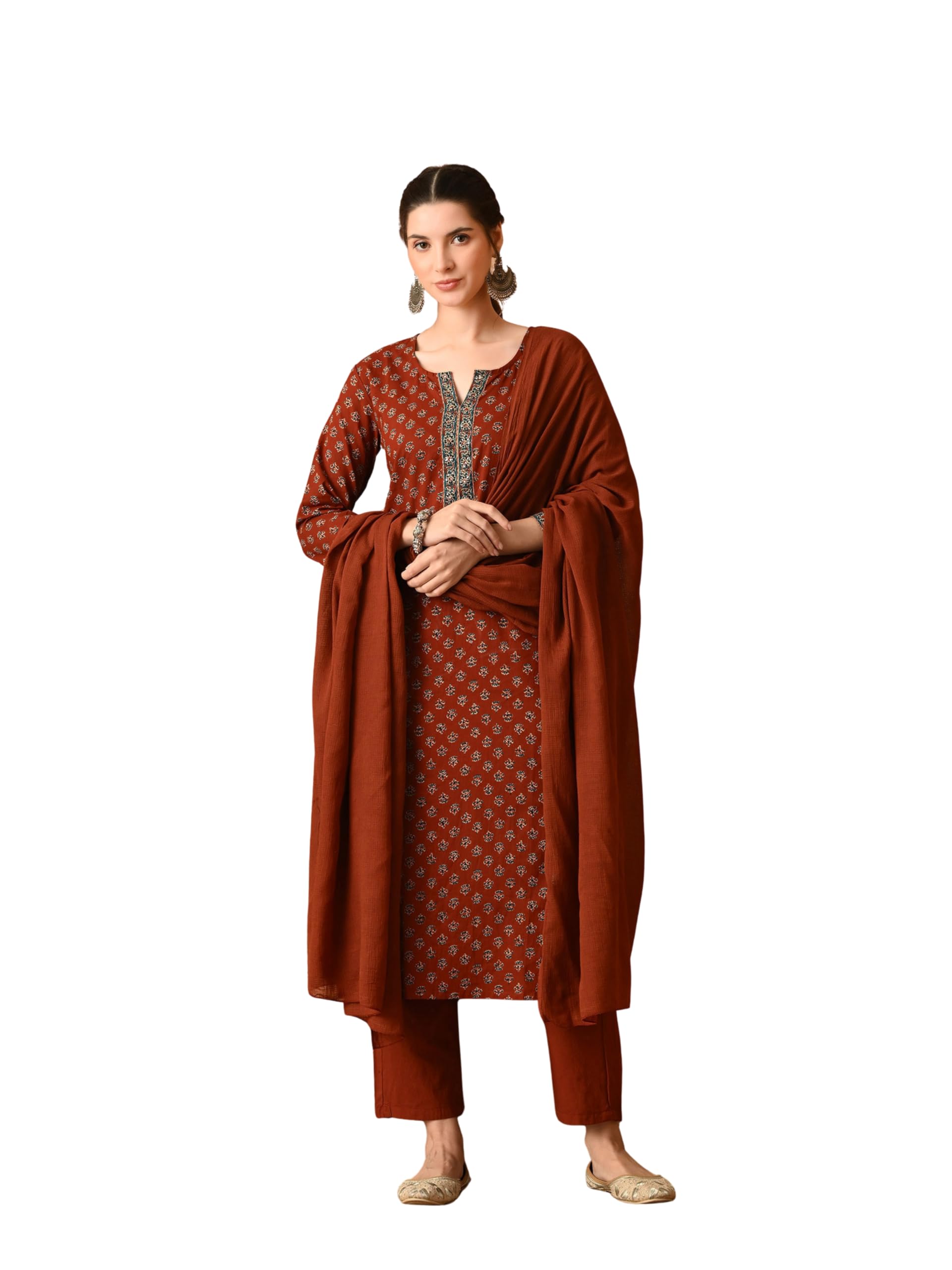 Womens Ethnic Motifs Printed Regular Pure Cotton Kurta with Trousers & Dupatta | Kurta Set | Salwar Suit | Ethnic Wear