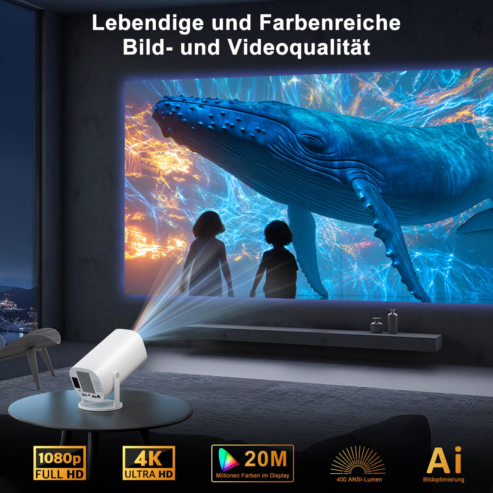 Mini proiettore Smart Full HD 1080P, piccolo proiettore home cinema con WiFi 6 e Bluetooth 5.2, supporta la correzione trapezoidale automatica, girevole a 180°, compatibile con HDMI/TV Stick/Memory