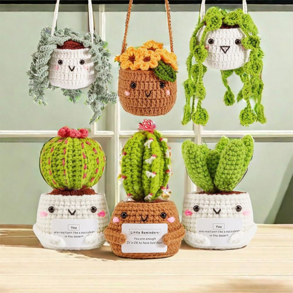 Mecmbj Simpatico Kit per Uncinetto con Cactus, Kit per Uncinetto con Vaso per Piante Fatto a Mano da 6 Pezzi, Set per Principianti all'uncinetto per Adulti con Istruzioni Video Passo di Inglese