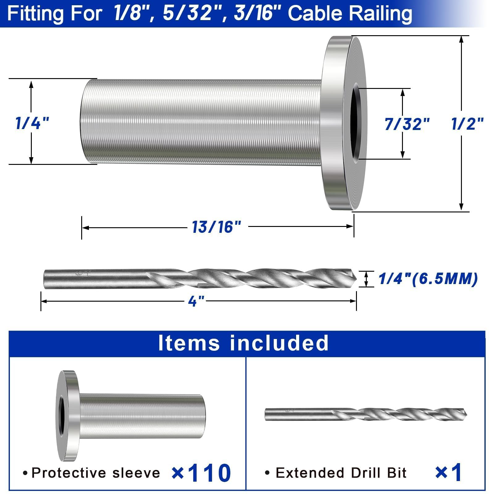 Steel DN Mate Paquete de 110 fundas protectoras de acero inoxidable T316 para barandilla de cable de 1/8, 5/32 o 3/16 pulgadas, fundas protectoras de cable para sistema de barandilla de cable,