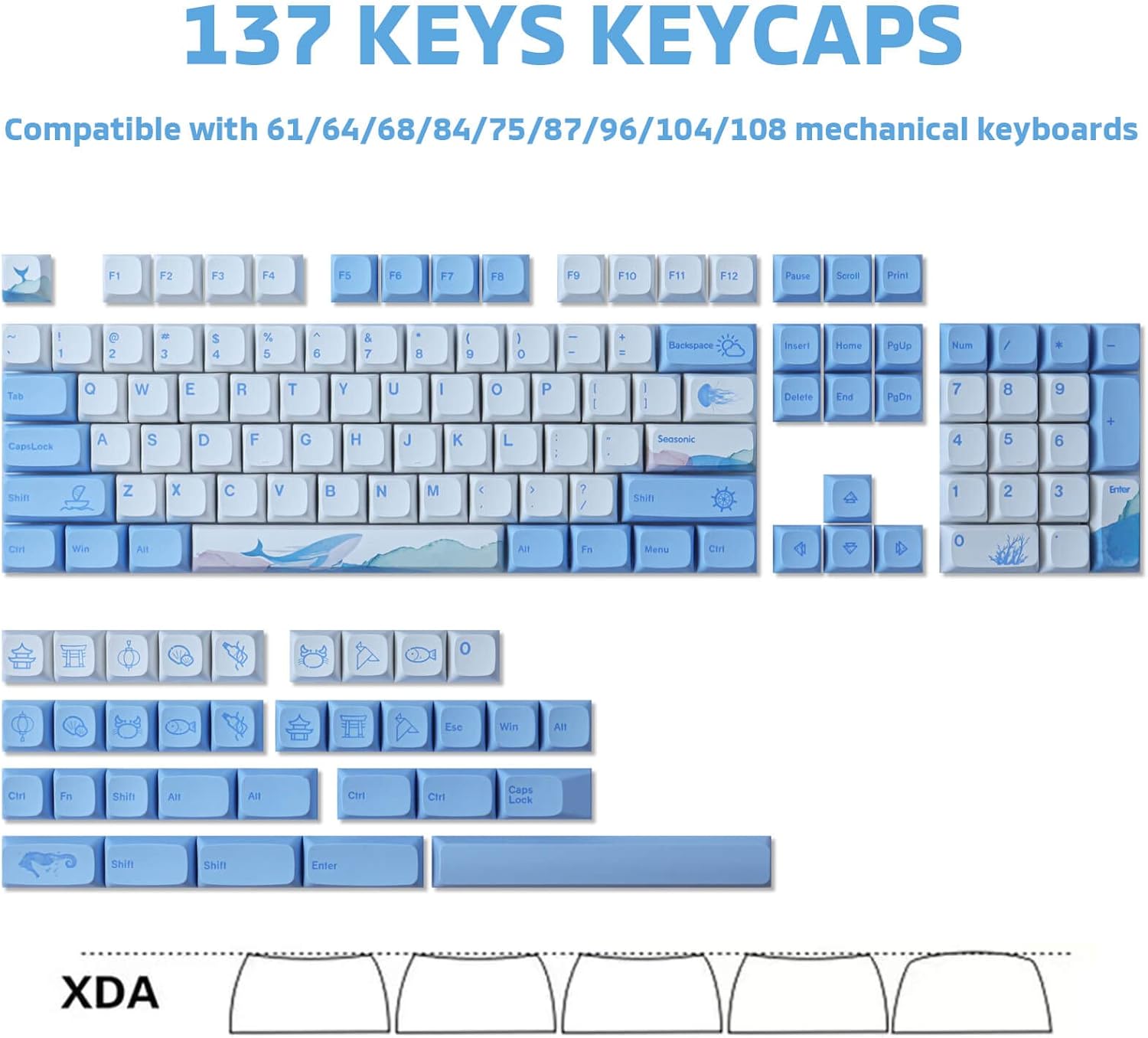 Hyekit PBT Keycaps 137 Keys Melody of The Sea Keycap Set Dye-Sublimation Cute Keycaps XDA Profile for Cherry Gateron MX Switches Mechanical Keyboards