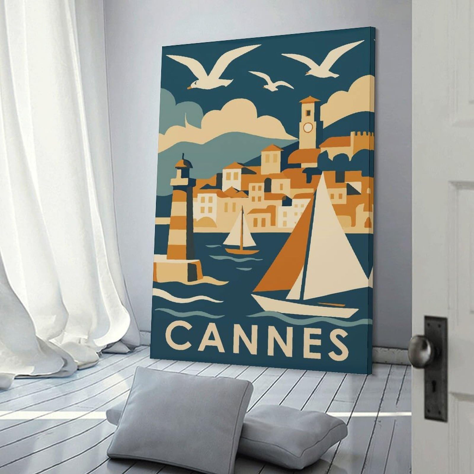 Junmoney Cannes Travel Canvas Wall Picture, 24x36inch(60x90cm), for Wall Displays, Bedrooms Or Room Updates, Wall Decor Suited to Curated Displays