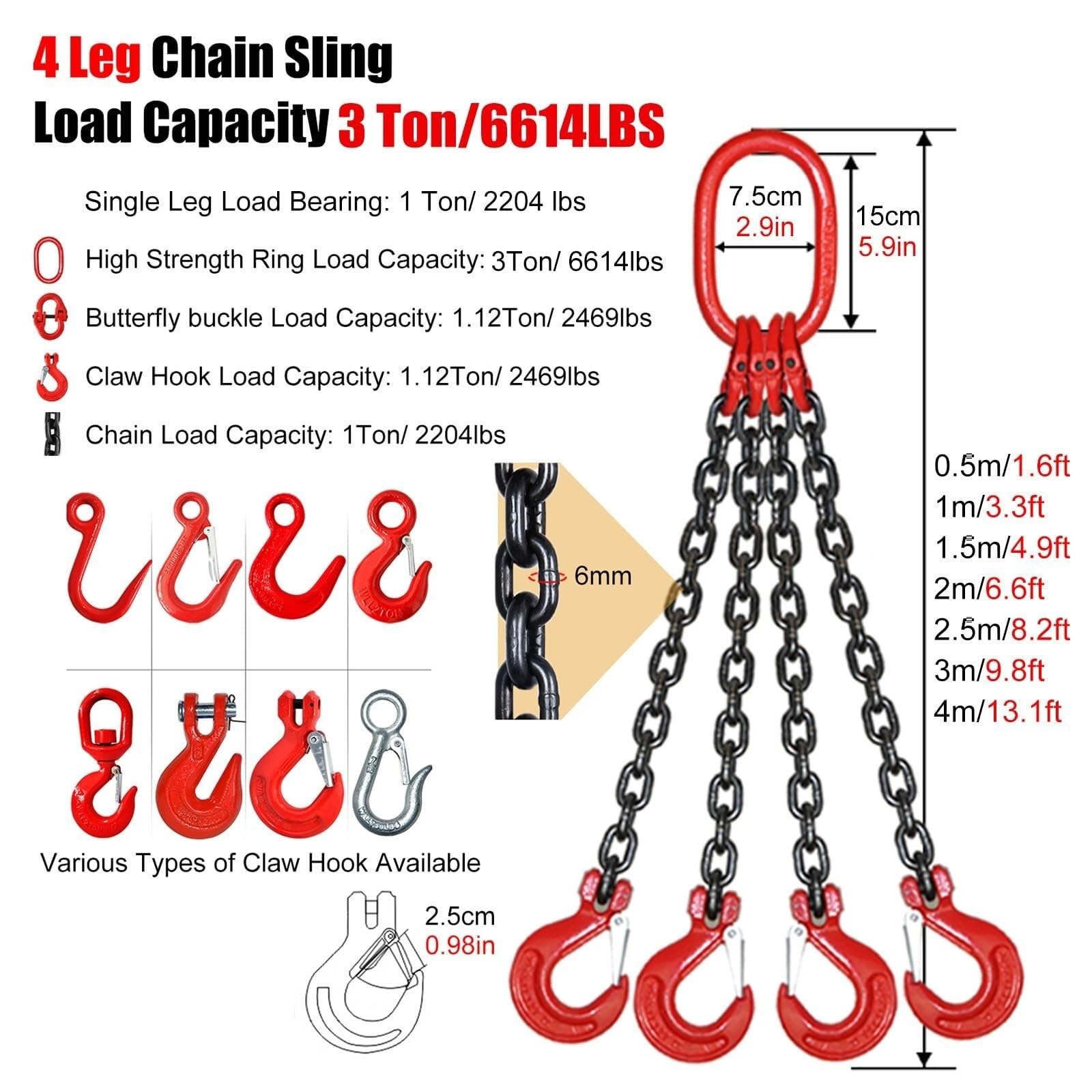 Catena di sollevamento industriale/logistica con gancio autobloccante, catena di sollevamento a 4 fili 2 3 5 6 8 10 13 piedi 3000 kg, catena di sollevamento per sollevamento motore (carico 3