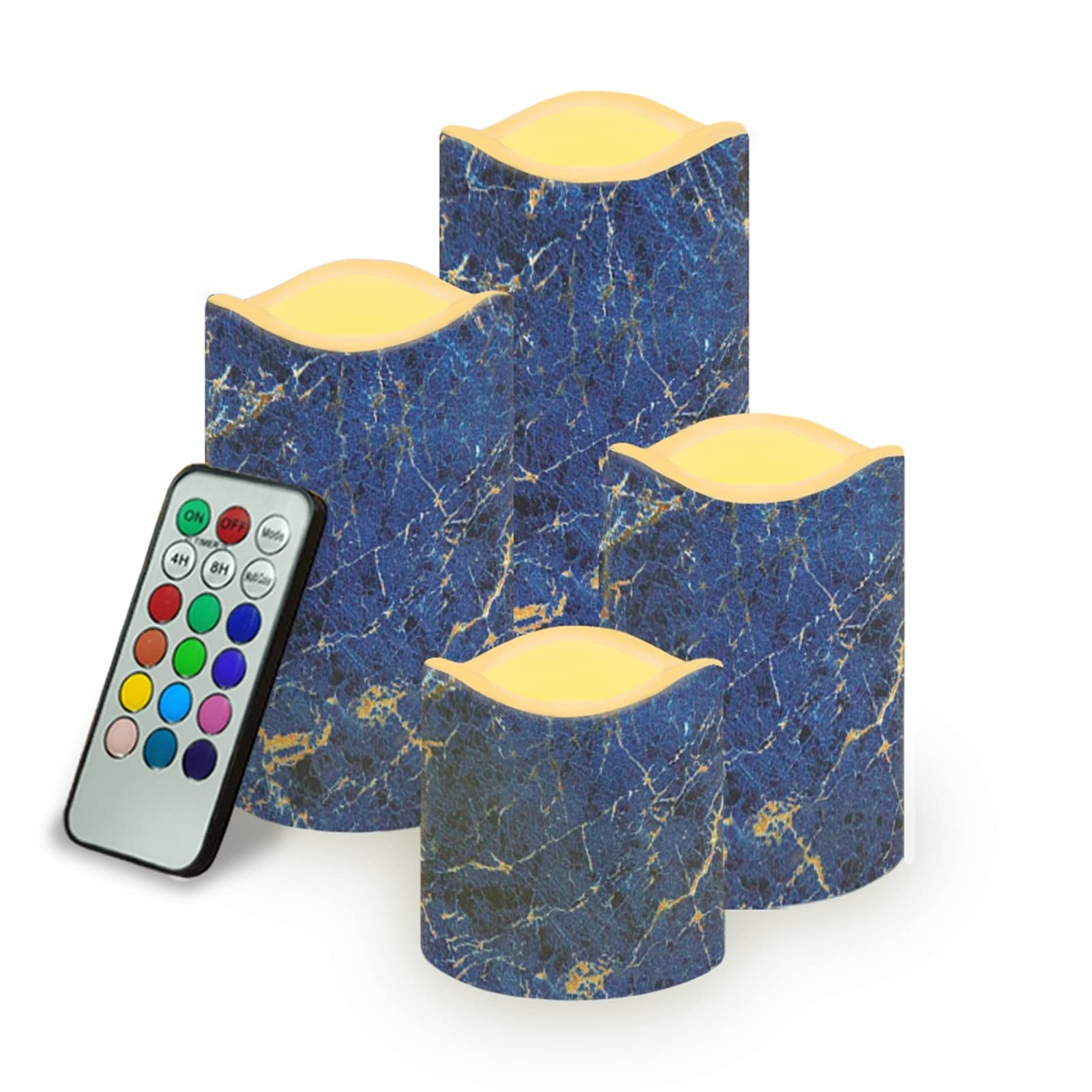 Kuiaobaty Navy Blue Remote Control LED Candles for Home Decor, Realistic Battery Operated Marble Texture Fake Candle with Warm White Bulb
