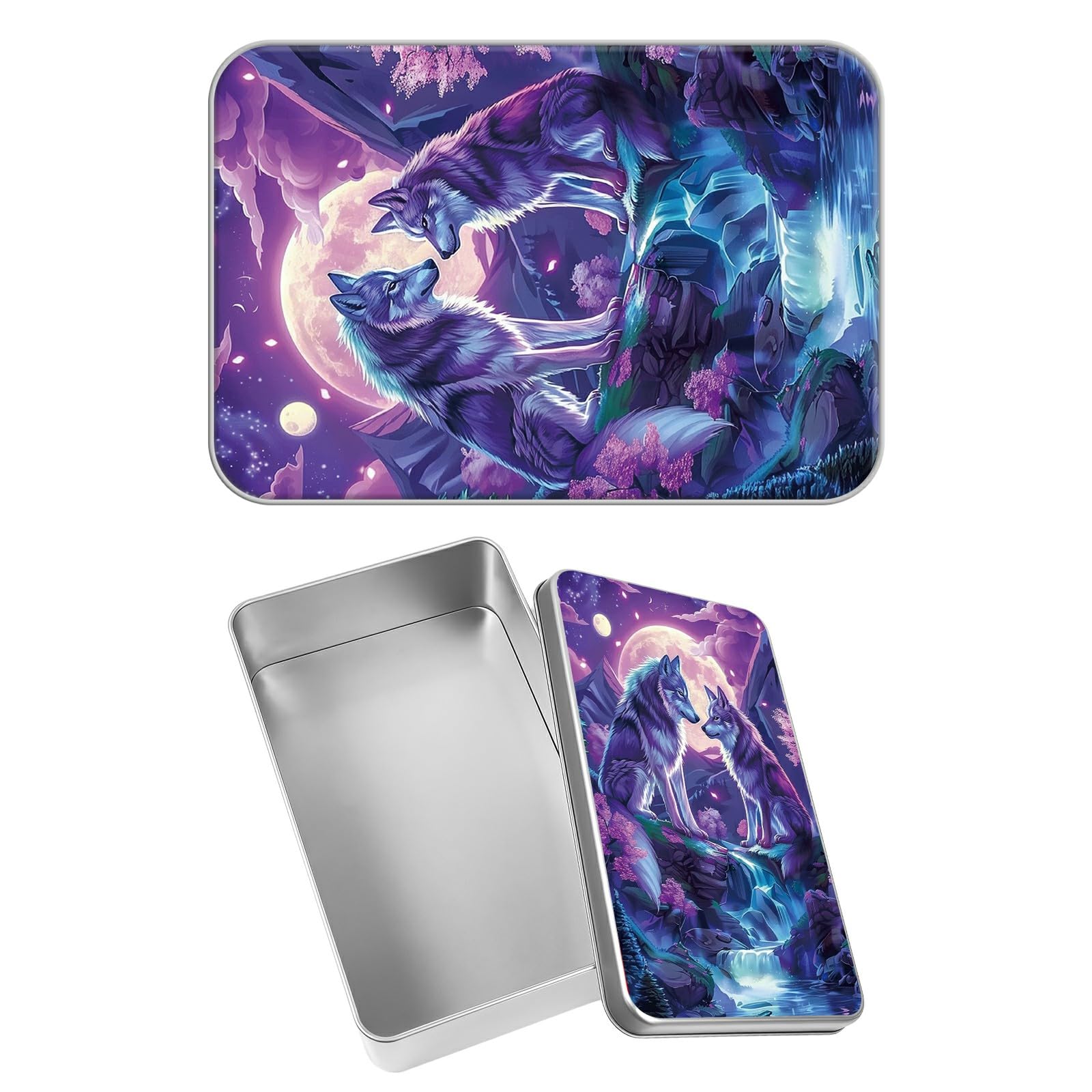 Rectangular Metal Tin Box with Removable Lid, Purple Wolfs Decorative Printed Metal Storage Container for Sweets Jewelry Tea Candies Cakes 7 x 4.33 x 2.17 inch– Single Pack