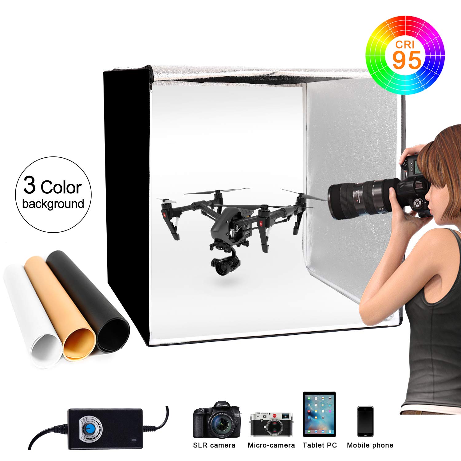 Photo Light Box Large Kit 27x27inch/70x70cm Dimmable Photo Studio Professional Cube Shooting Tent Box with 96x2 LED Lights Strips 3xPVC Backgrounds for Jewelry Product Photography (6000lm,CRI:95+)