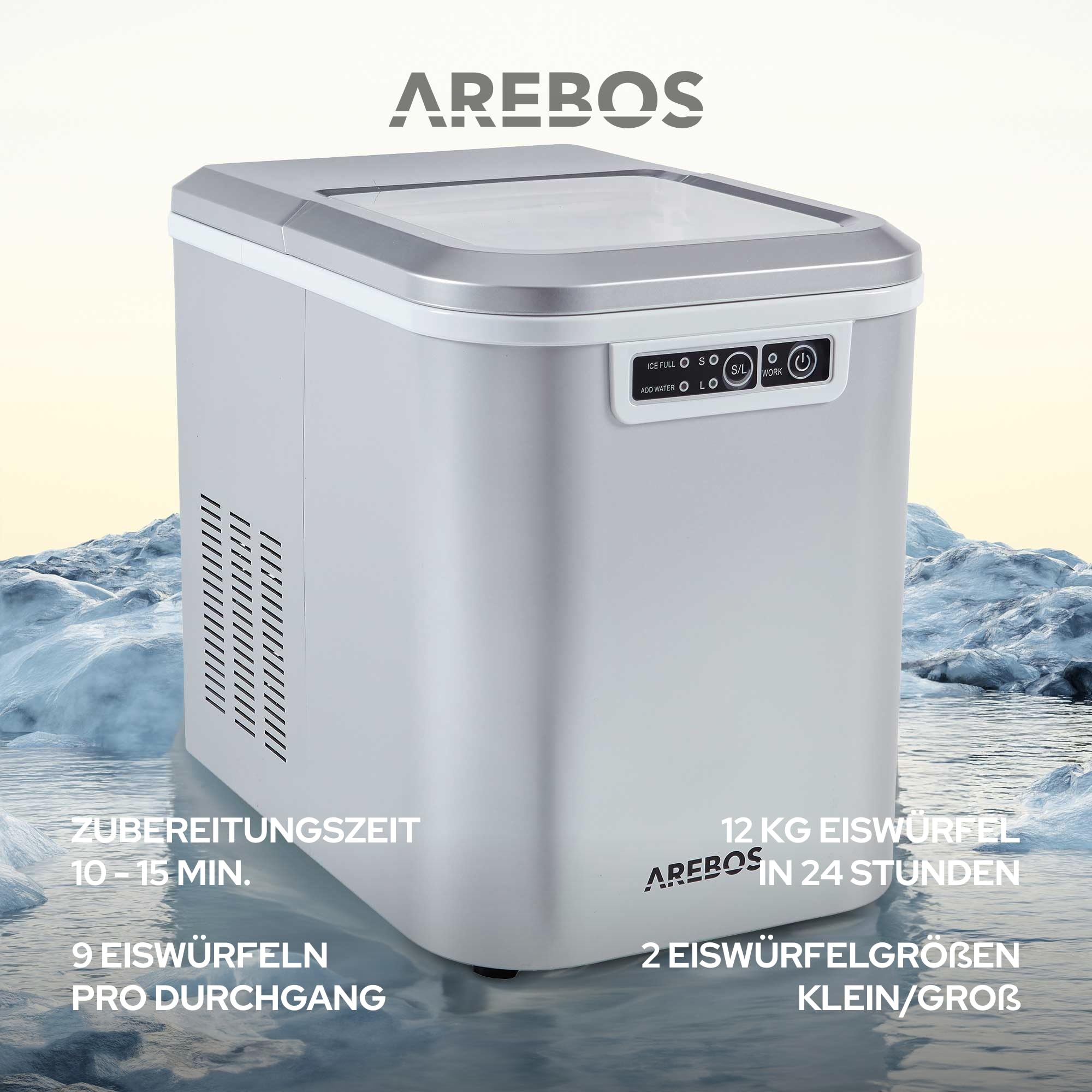 Arebos Eiswürfelmaschine 12 kg/24 h 2,2 L Wassertank Selbstreinigend Leise 2 Eiswürfel-Größen Silber