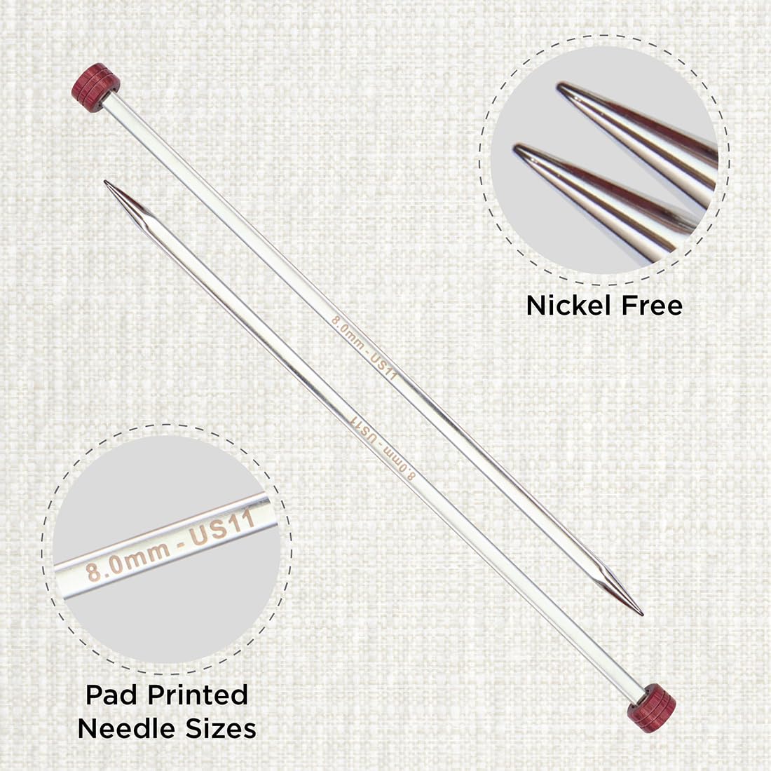 KnitPro Nova Cubics Single Pointed Needles 12" (30cm), Silver, 8.00mm - Image 2