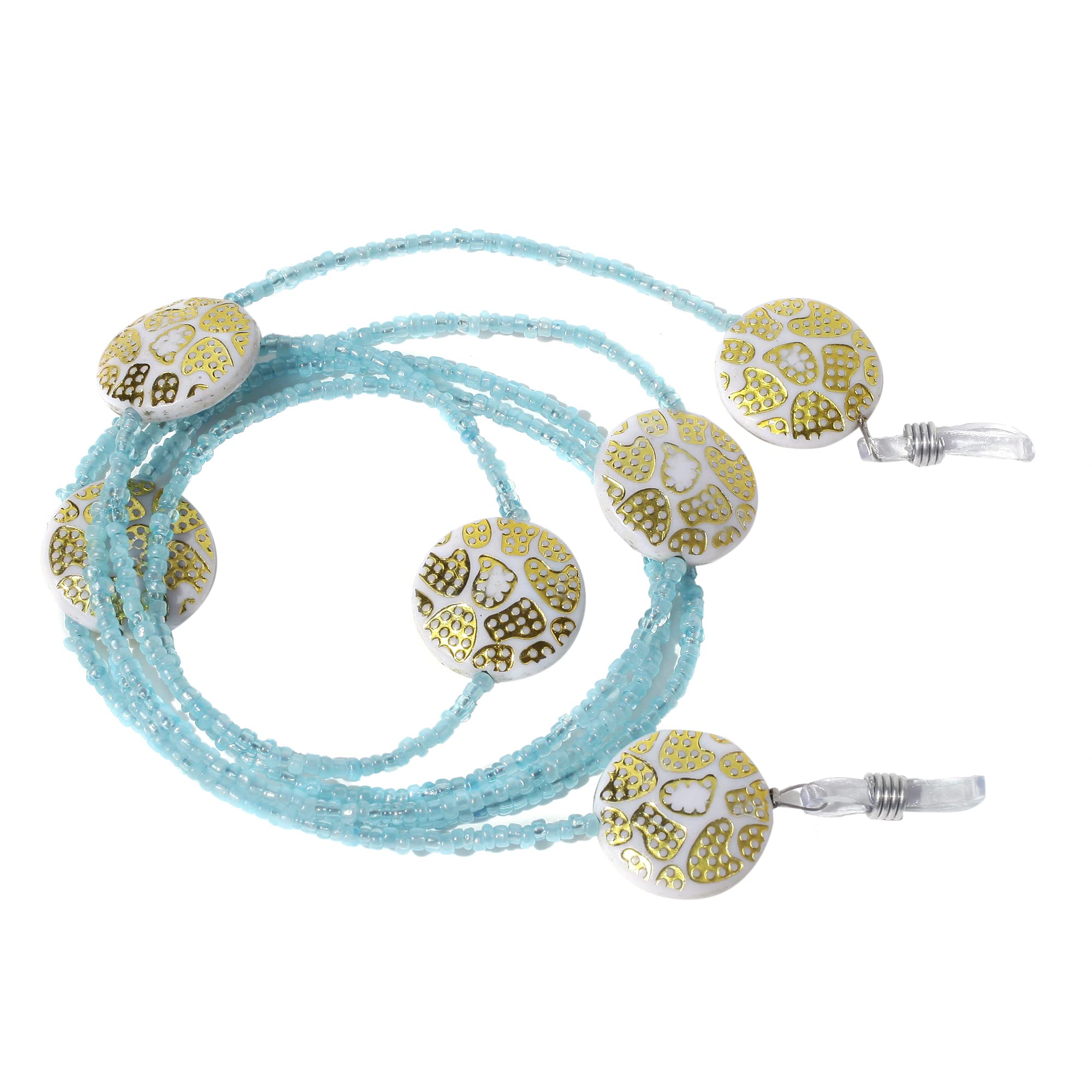 handmade glasses chain, Spectacle Cord with 100 cm Length Sunglass Strap,blue beads with white circle stones with golden print sunglasses spectacles chain [JC-1402-Blue]