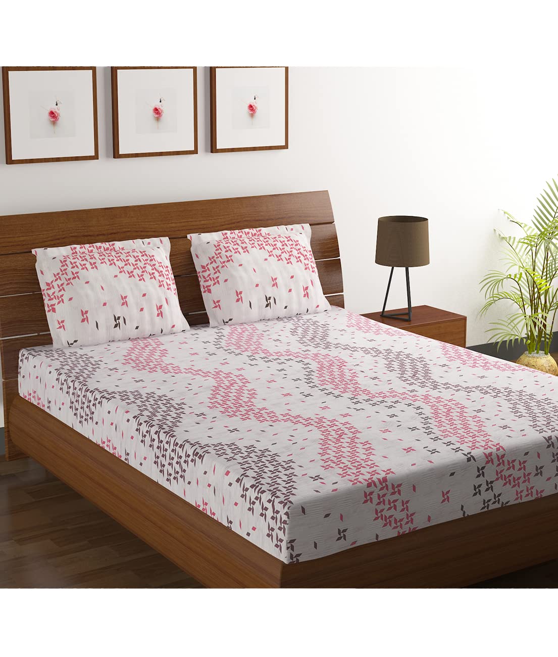 HOMETALES Cotton Abstract Printed Bedsheet with 2 Pillow Covers- Multicolor