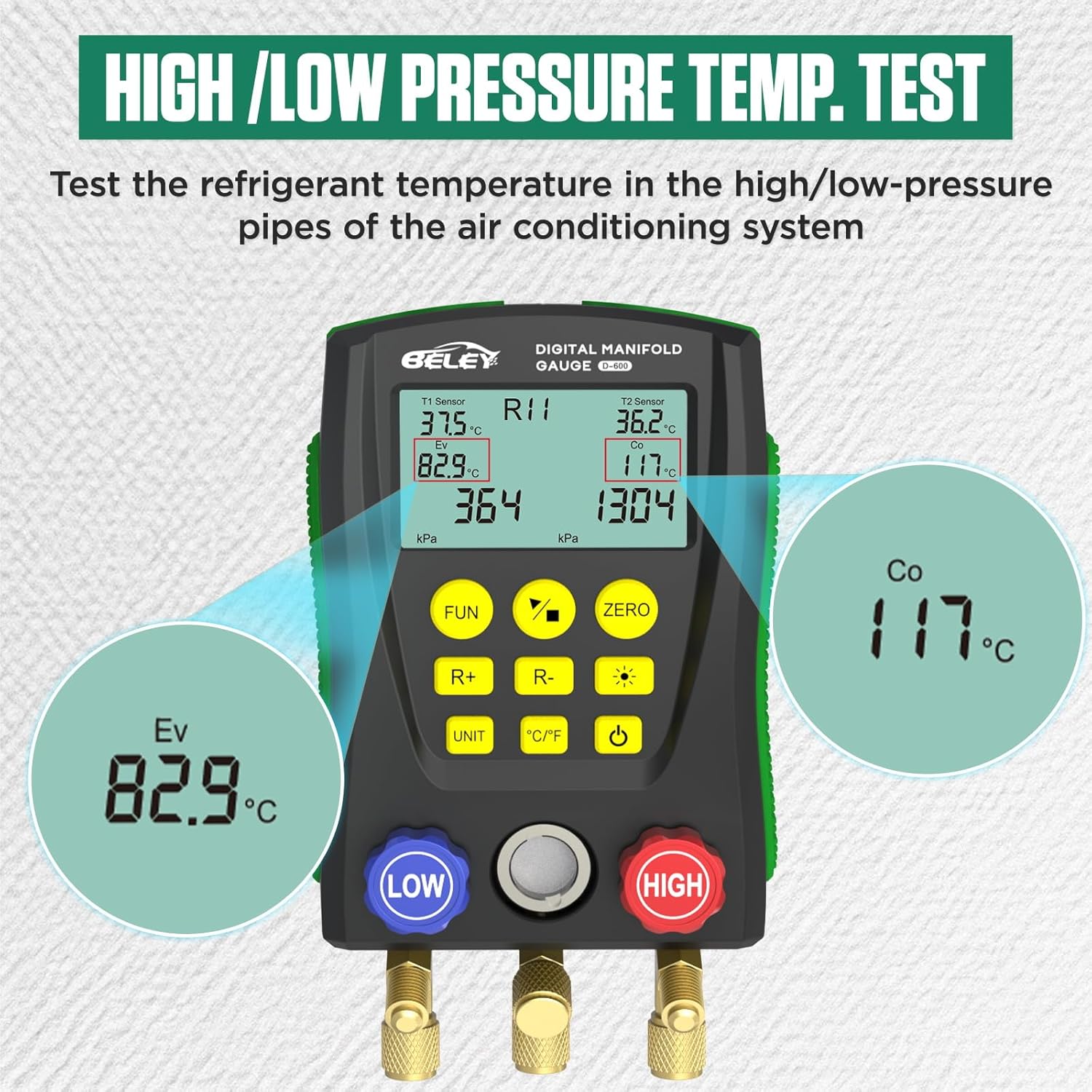 BELEY Digital Manifold HVAC Gauge Set,93 Refrigerants Dual Pressure&Temp Test & AC Flush Kit for Auto & Home AC Systems