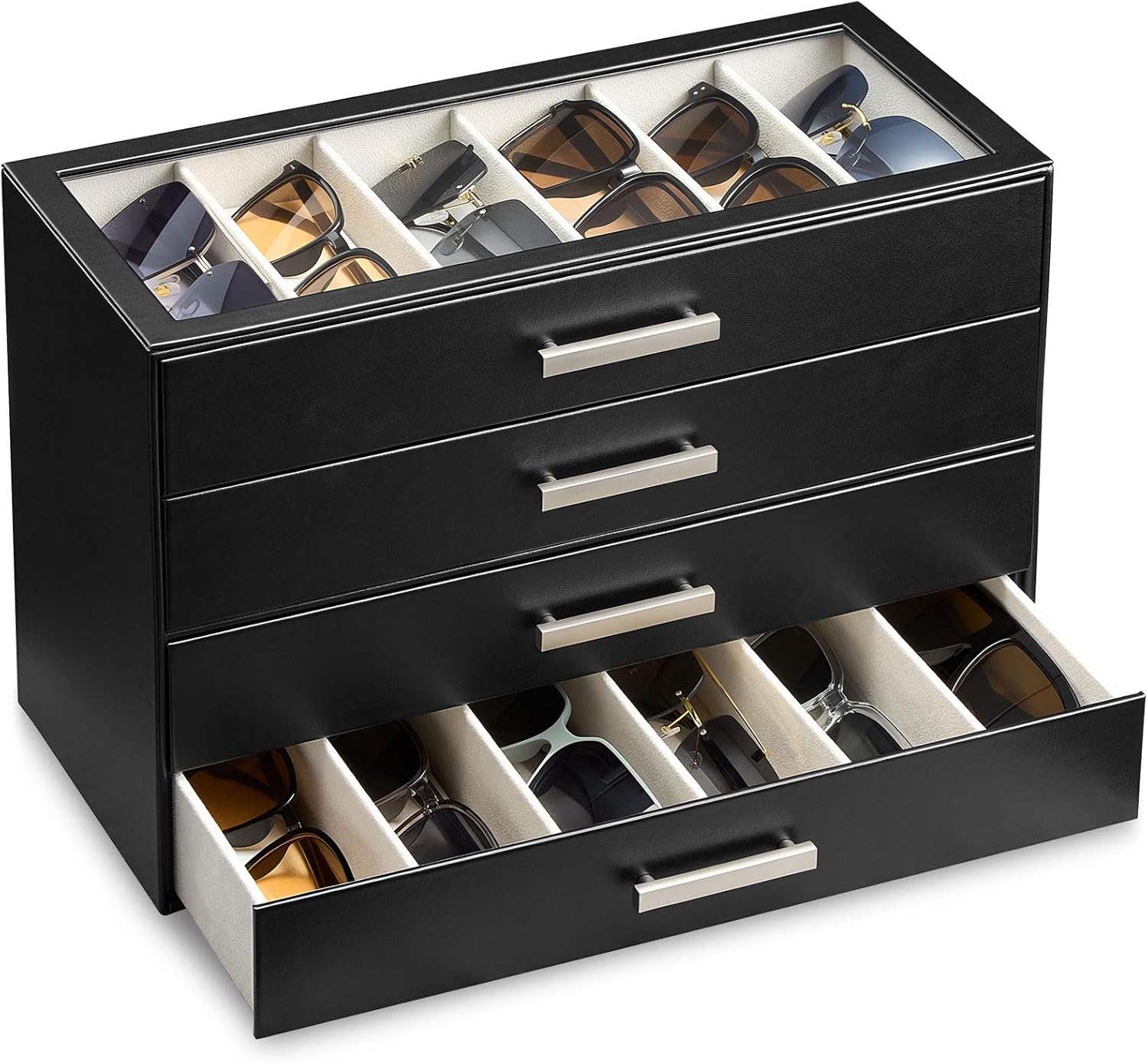 ProCase Sunglasses Organizer Box with Clear Glass Lid, PU Leather Eyeglass Storage Display Case for Men and Women
