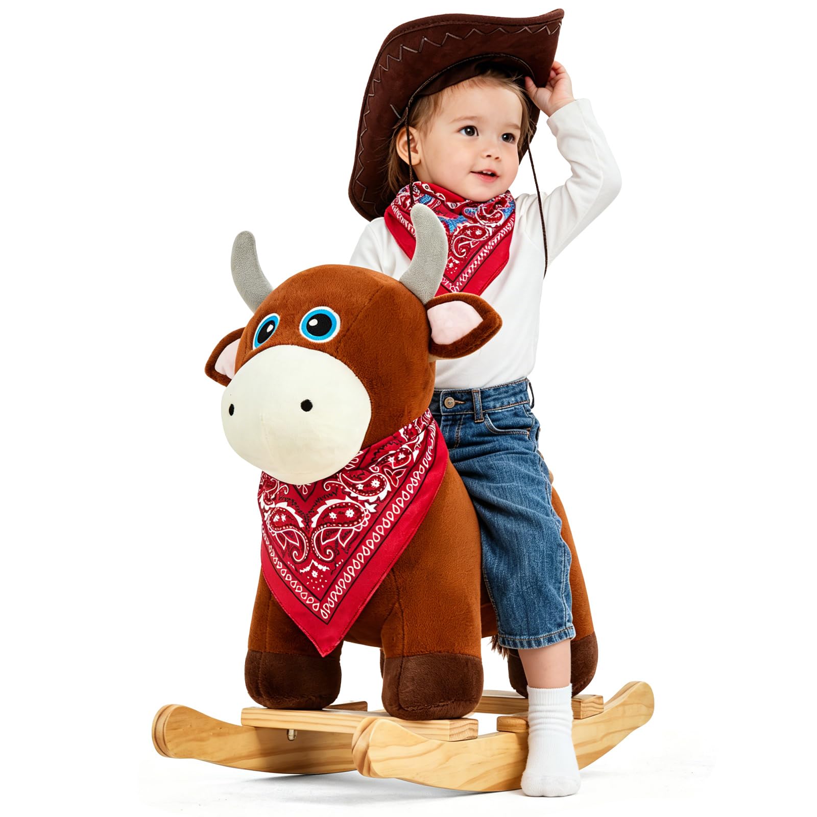 FUNLIO Bull Rocking Horse Ages 1-3, Wild Baby Rocking Horse with Cuddly Head & Bright Sparkling Eyes, Stuffed Plush Ride-on Baby Rocker, Easy to Assemble, CPC & CE Certified
