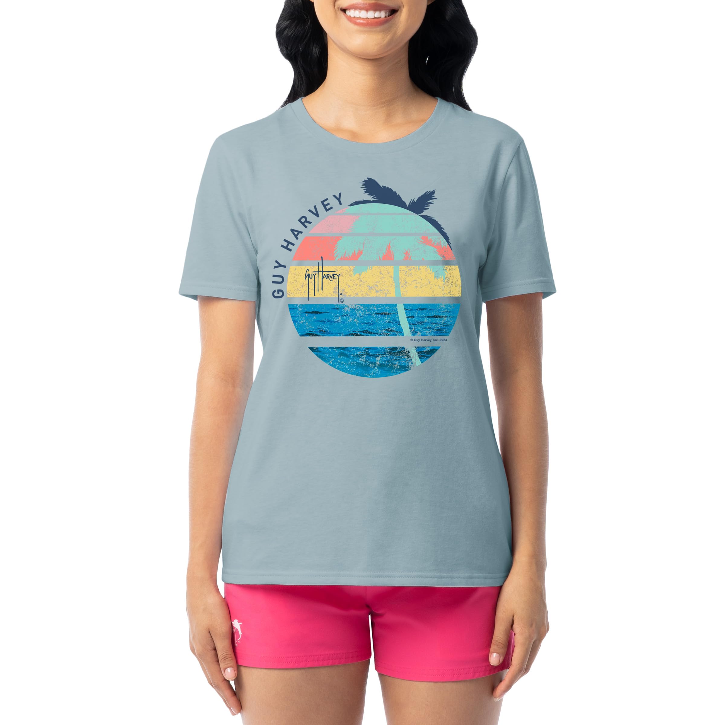 Guy Harvey Women's Graphic Short Sleeve T-Shirt, Stone Blue/Palm and Sun, S