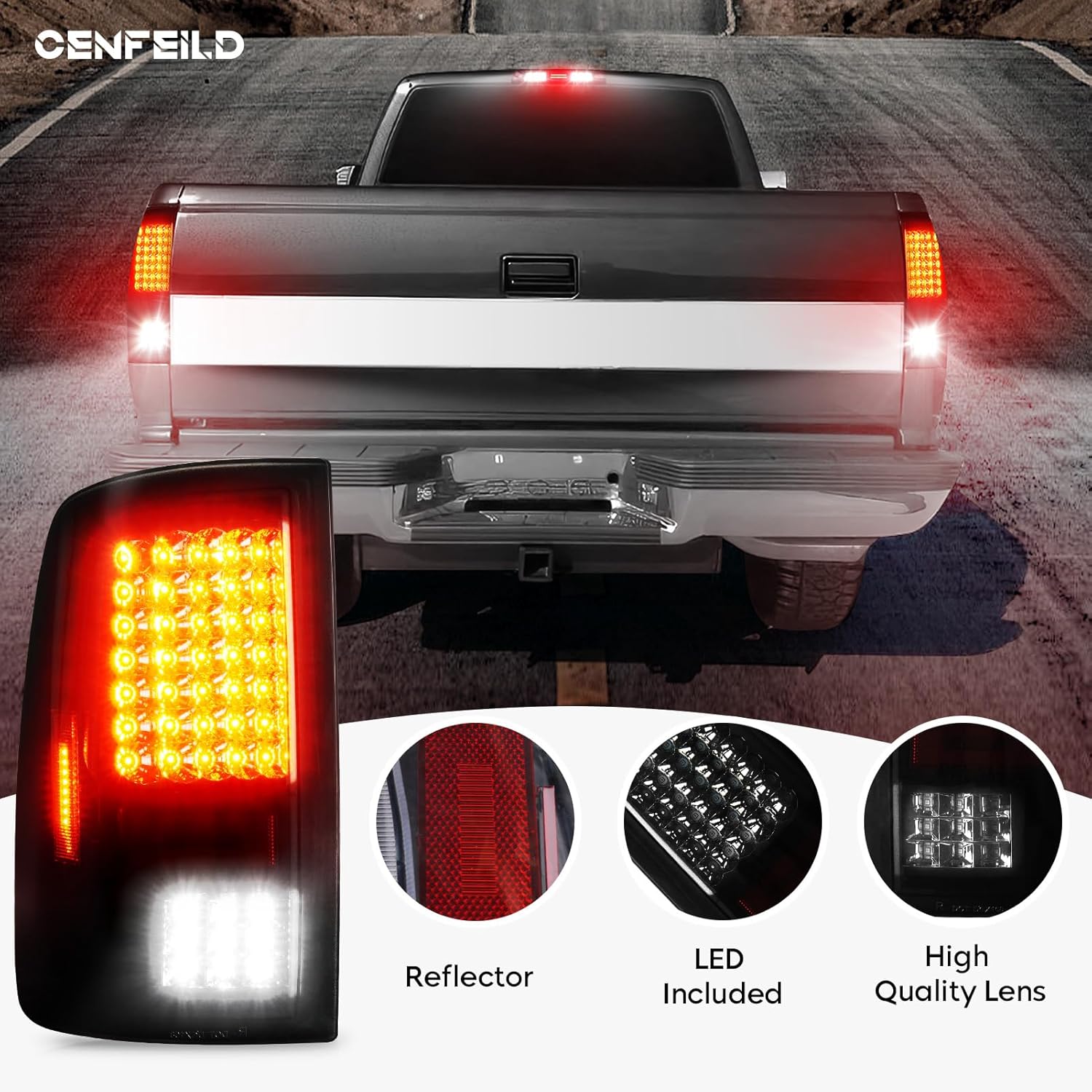 LED Tail Lights Pair + 3rd Third Brake Cargo Lamp Assembly Fit for Dodge Ram 1500 2009-2010, 2500 3500 2010, for Ram 1500 2500 3500 2011-2018 (Only Fit Factory Halogen Version and 921 Reverse Bulb)