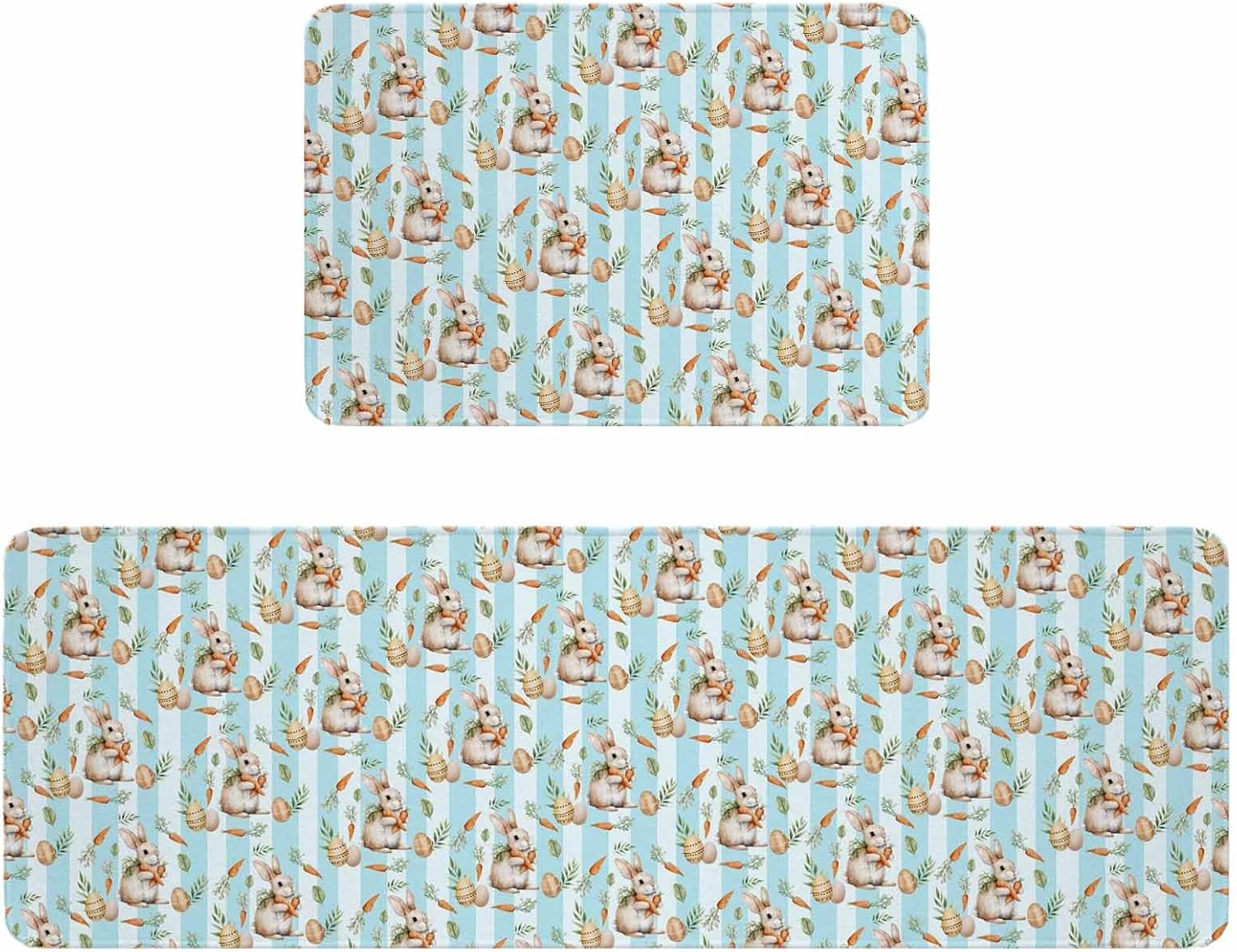 Easter Bunny Kitchen Rugs and Mats Set of 2, Non-Slip Kitchen Sink Mat, Spring Easter Eggs Botanical Blue Striped Washable Doormat Bathroom Rugs Runner for Bedroom/Living Room 23.6"x35.4"+23.6"x70.9"