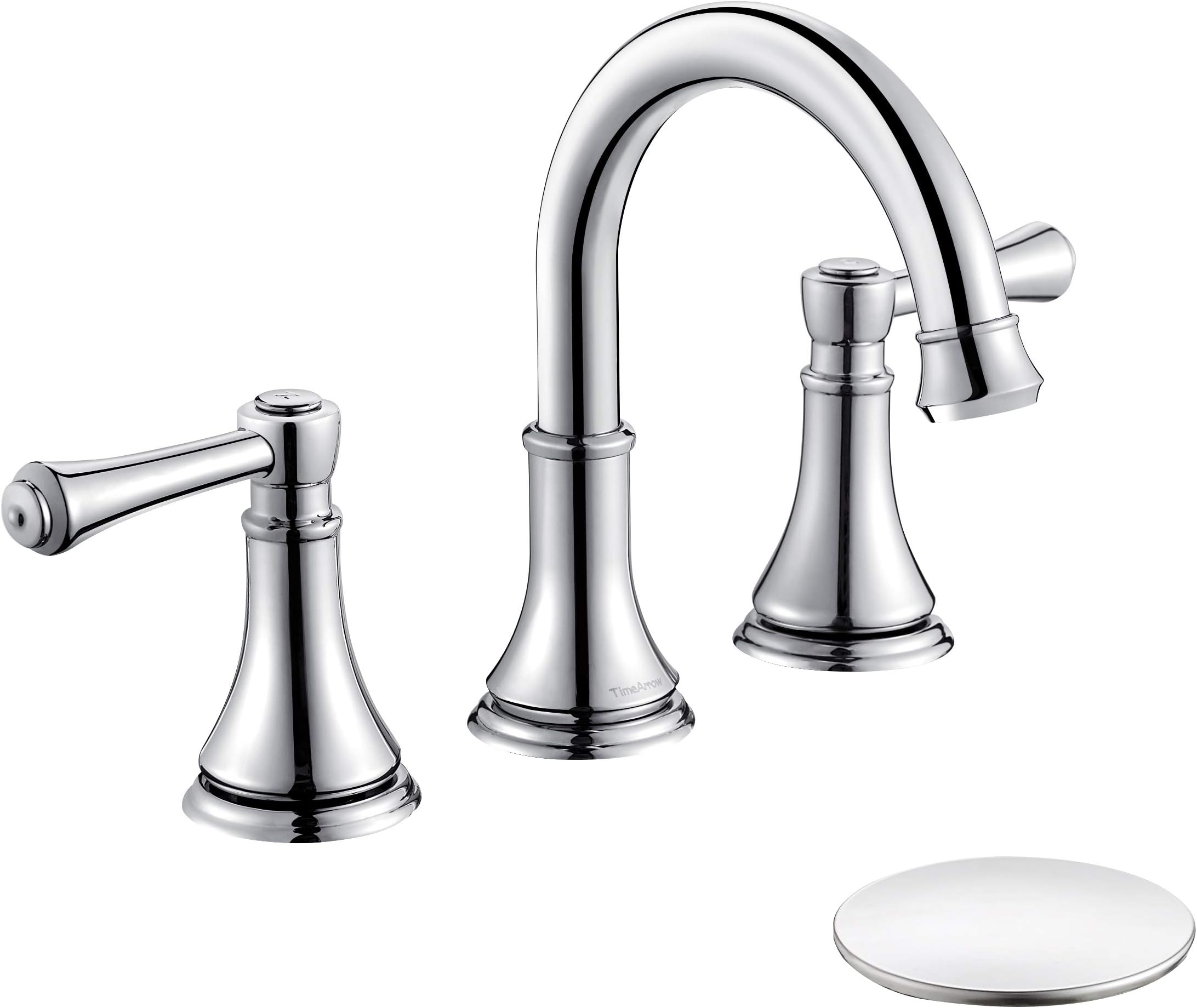 Chrome Two Handle 8 inch Widespread Bathroom Sink Faucet 3 Holes with Pop-Up Drain, High Arc Modern Bathroom Vanity Faucet with Brass 360° Swivel Spout,TAF830Y-CP