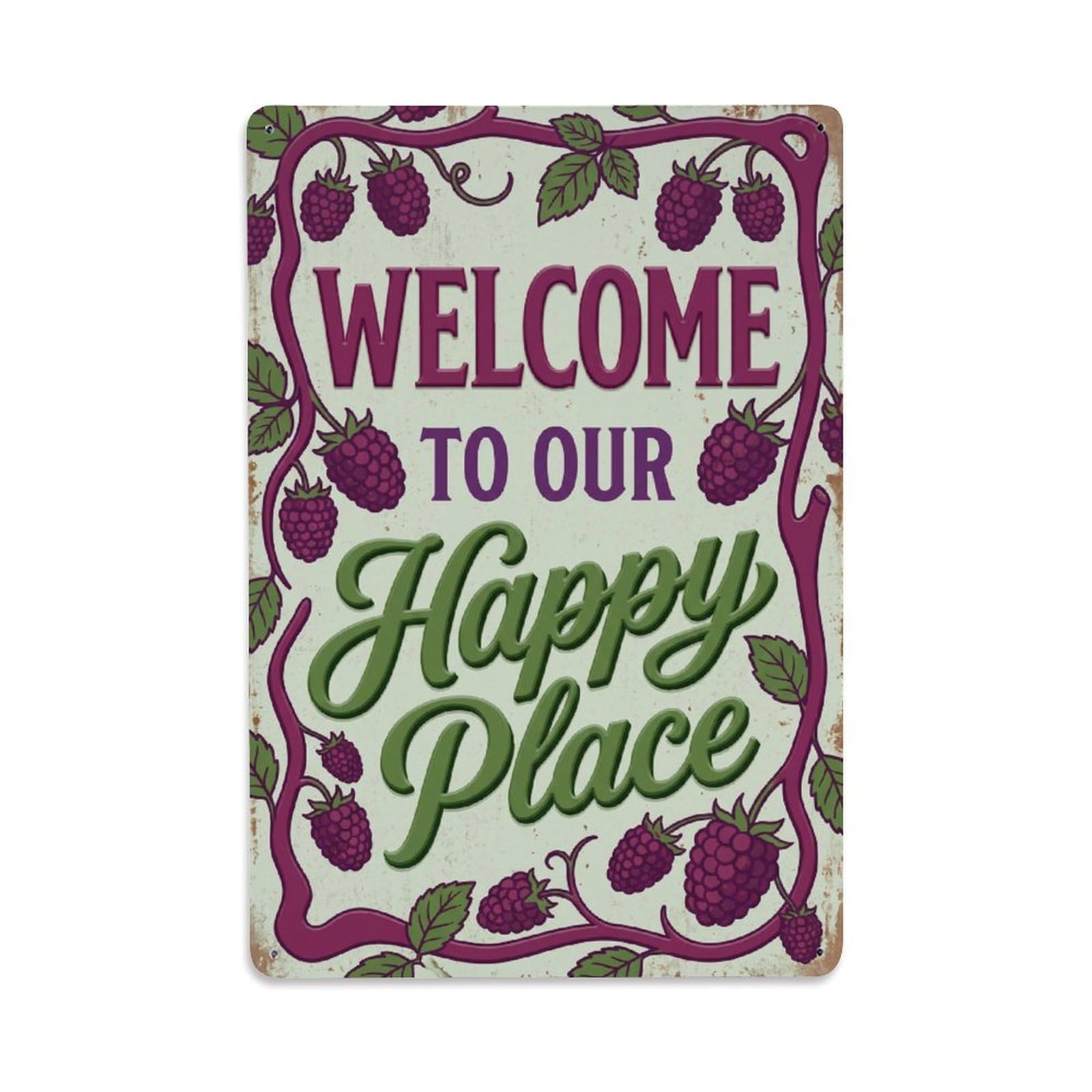 Welcome To Our Happy Place Boysenberry Garden Metal Tin Sign Plaque Wall Decor for Cafe, Club Bar, Office, Home Garden Metal Poster 8x12Inch