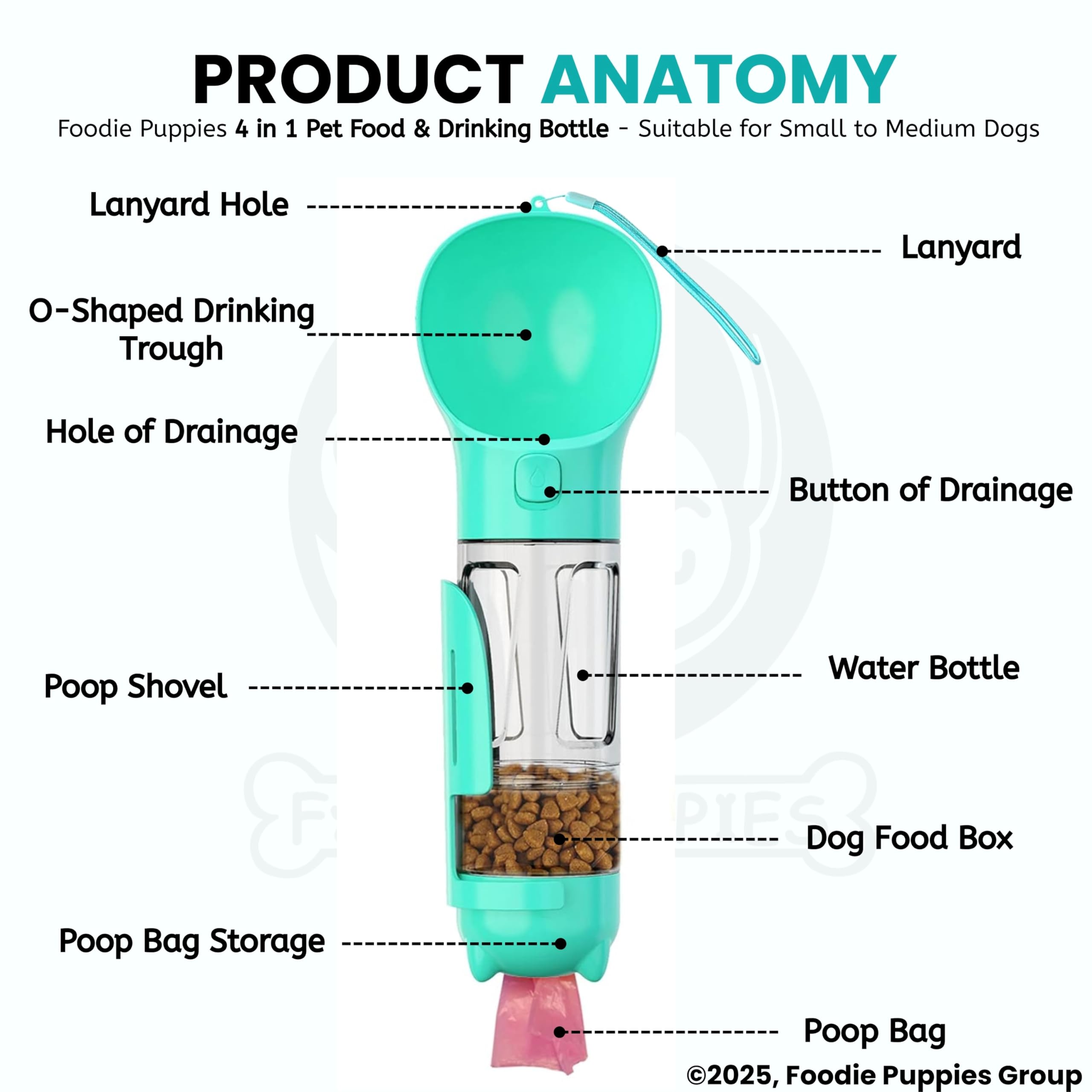 Foodie Puppies Dog Water Bottle, Leak Proof Portable Puppy Water Dispenser Drinking Feeder Pet Care Cup for Outdoor Walking, Hiking, Travel (4in1 Bottle - 300ml) 1