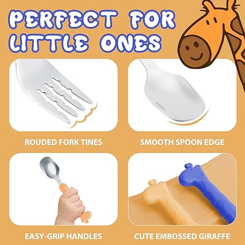 Miniatura 3 de Juego de cuchara y tenedor de acero inoxidable 188 sin BPA lindo jirafa infantil cubiertos con funda de viaje para niños mayores de 3 años