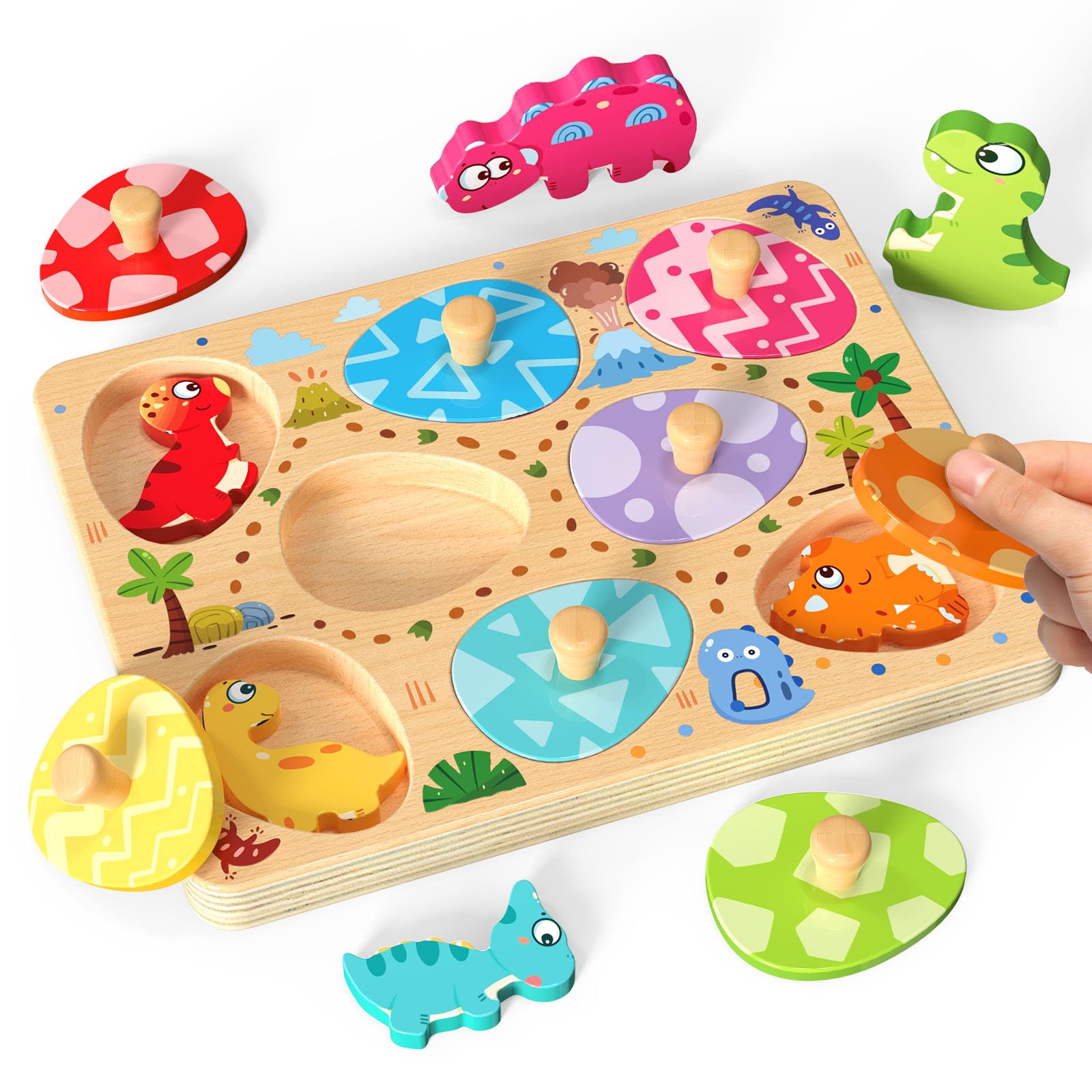 Wooden Puzzles for Toddlers, 8 Pcs Dinosaur Matching Egg Puzzle, Montessori Toys for Boy Girl Easter Birthday Gifts, Preschool Learning Activities & Educational Toys for Boys, Girls