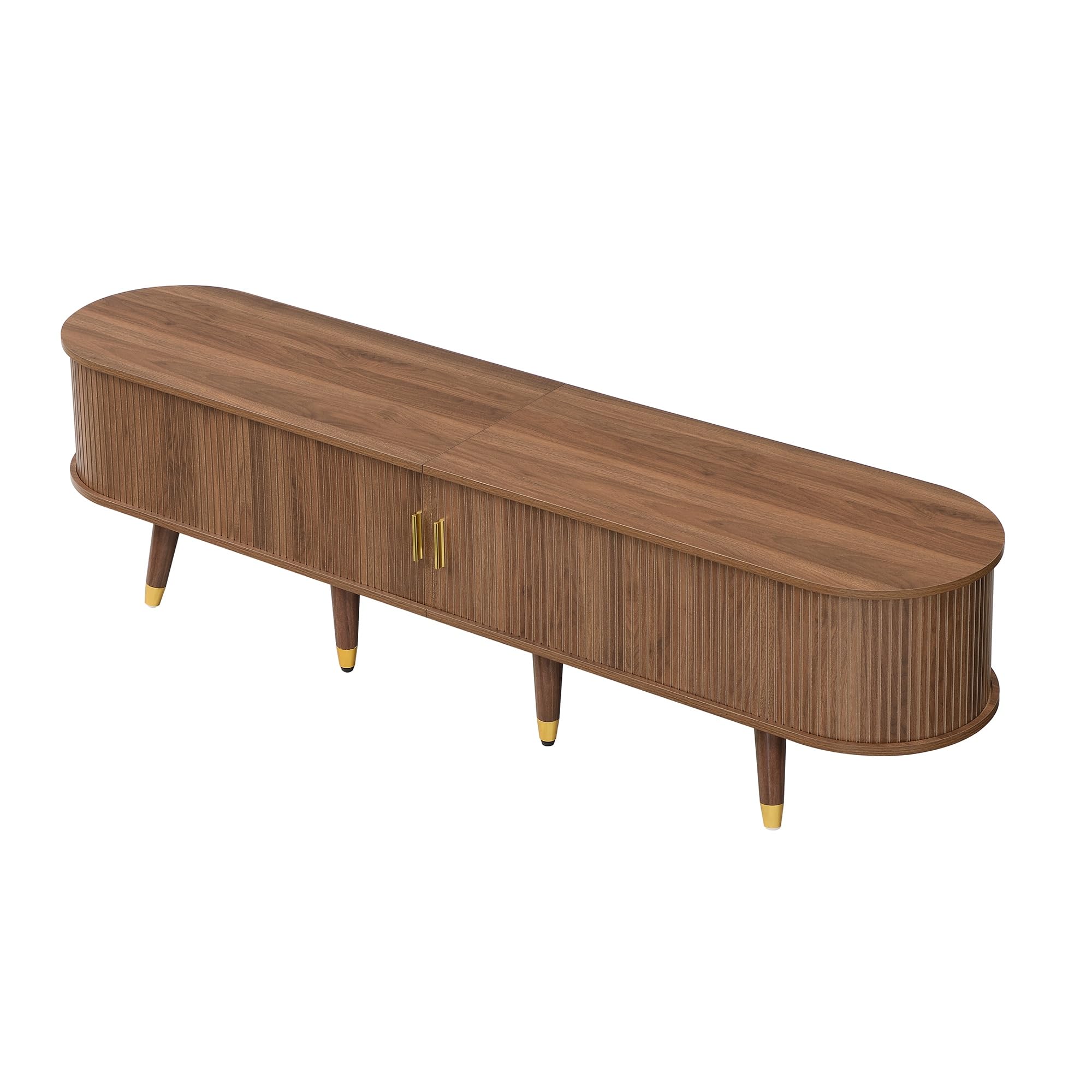 175cm TV Schrank Holz mit Rattan-Schiebetür Walnuss-Optik, TV Lowboard Stehend mit Goldenen Details & Stauraum, Fernsehschrank Für Wohnzimmer, TV Sideboard Einfache Montage,175cm a