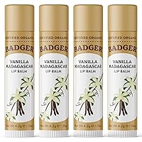 Vista 1 de Badger Vanilla Madagascar Classic Lip Balm, 100% Organic Lip Balm, Long Lasting Lip Care w/Light Silky Texture, Comforting & Relaxing, 4 Pack