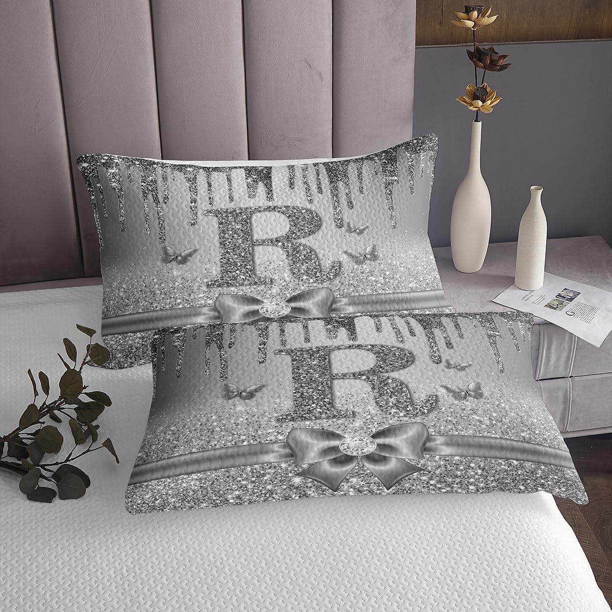 Erosebridal Grey Monogrammed Coverlet Set Queen for Girls Women - Coquette Alphabet Letters Bedspread Sequins Bow Room Decor Quilt Set for Kids Adults,Glitter Personalized Initial C Bedding Quilted