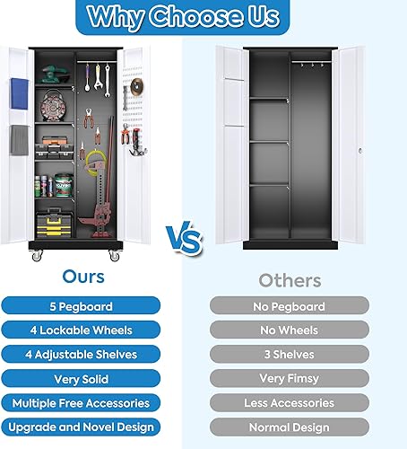 Miniatura 8 de GangMei Armario de almacenamiento con ruedas de metal con barra para colgar armario de acero grande con estantes ajustables y puertas de bloqueo