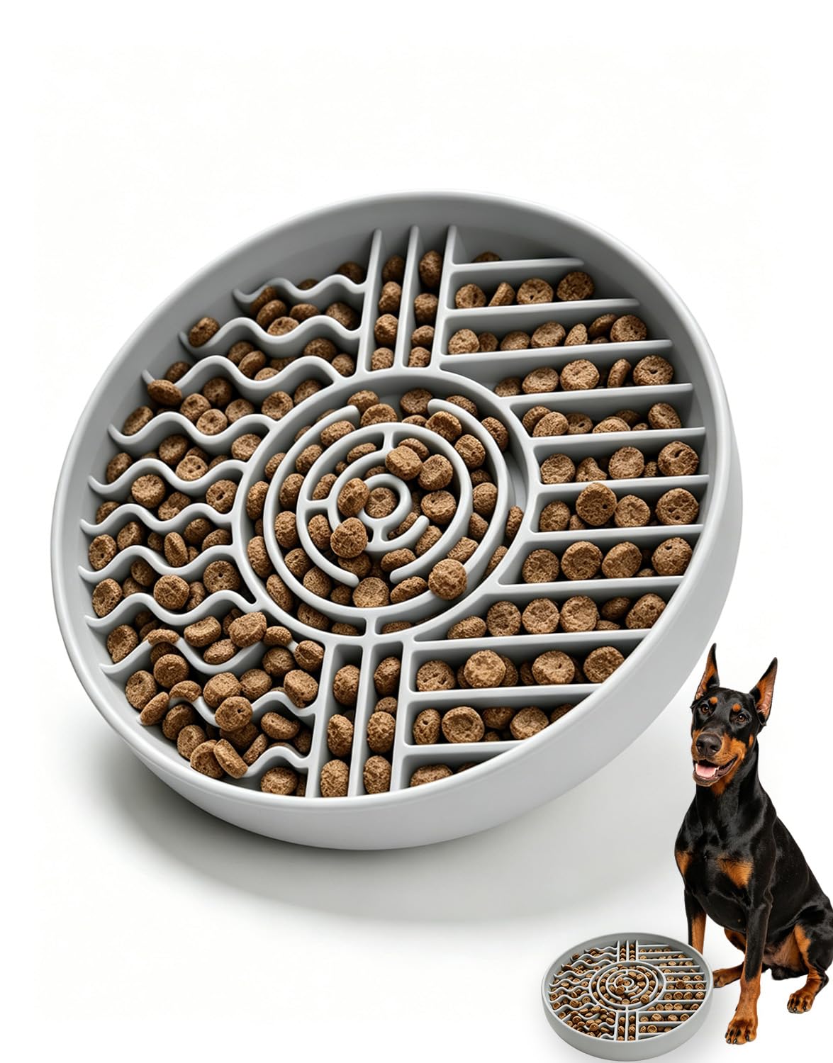 Slow Feeder Dog & Cat Bowl, Anti-Choking Silicone Food Bowl with Non-Slip Suction Cup Base, Dishwasher Safe, Slow Eating Design Reduces Bloat Anxiety, Ideal for Large to Small Dogs & Cats(Grey)