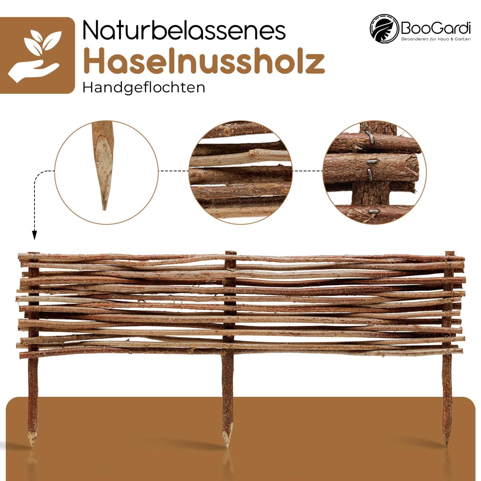 BOOGARDI Mini Gartenzaun Holz · Rasenkante in 3 Größen · 5X Beeteinfassung 20 cm hoch x 120 cm lang · Holz Zaun Beetbegrenzung · Steckzaun zur Beetumrandung · Holzzaun Garten Beetzaun