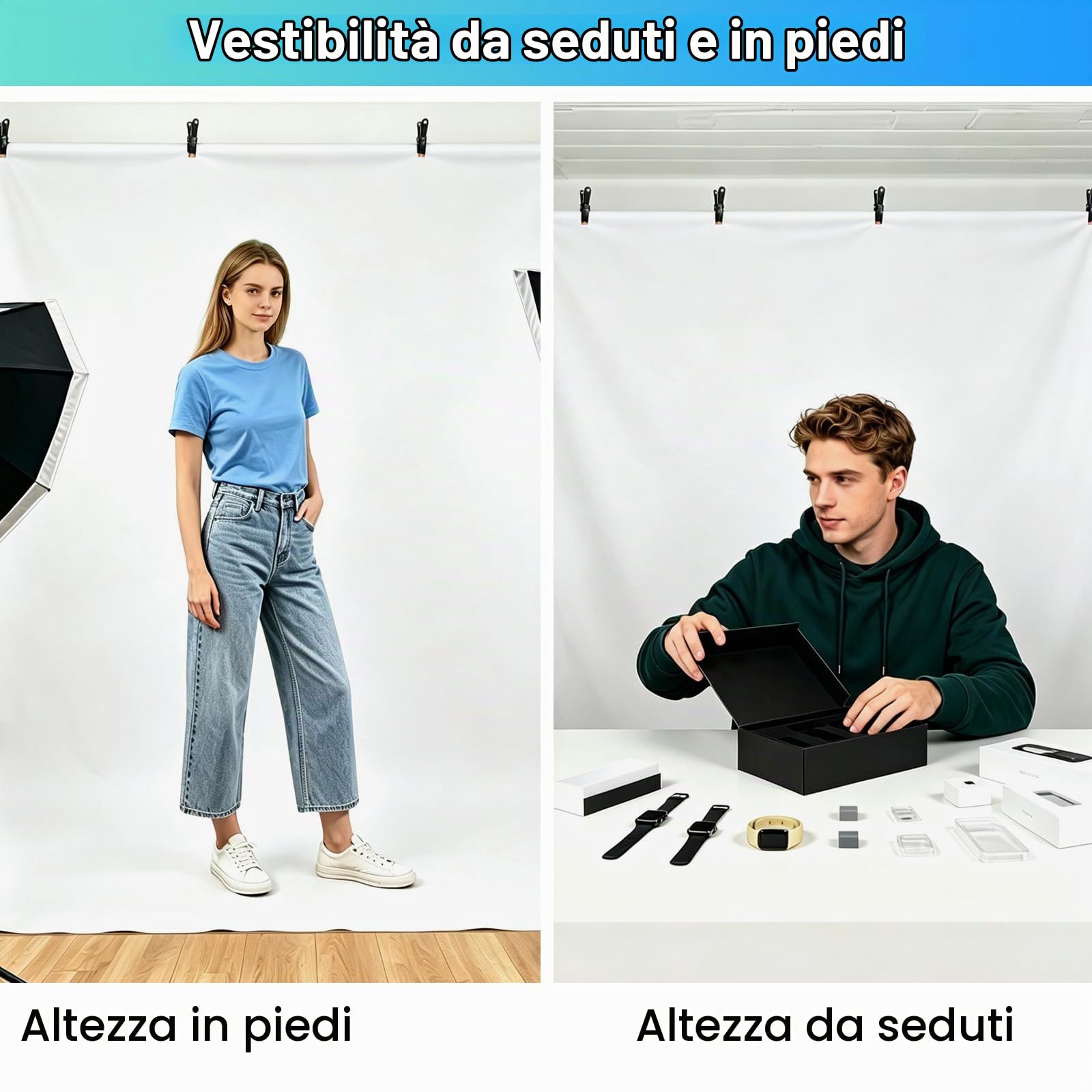 Supporto per Sfondo, 1,5 x 2 m, Regolabile, Sfondo Fotografico, Bianco, 1,5 x 2 m, con 5 Morsetti e Borsa per lo Streaming di Giochi, Servizi Fotografici, Prodotto Video Zoom, Fotografia