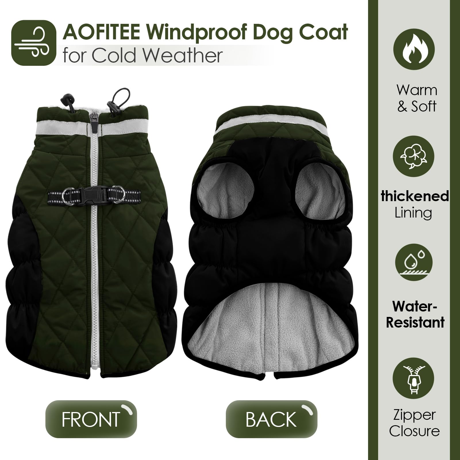 AOFITEE Dog Coat, Warm Dog Winter Coat, Reflective Turtleneck Large Dogs Jacket with Harness Built in - Image 2