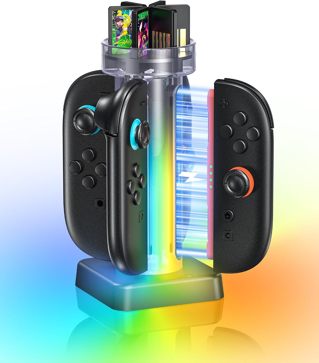 RunSnail Base de carga para Switch 2 JoyCon, 4 ranuras para tarjetas de juego RGB con cargador | Estación de carga JoyCon 2 con iluminación RGB, 6 ranuras de almacenamiento para tarjetas de juego, diseño magnético, indicadores de carga LED