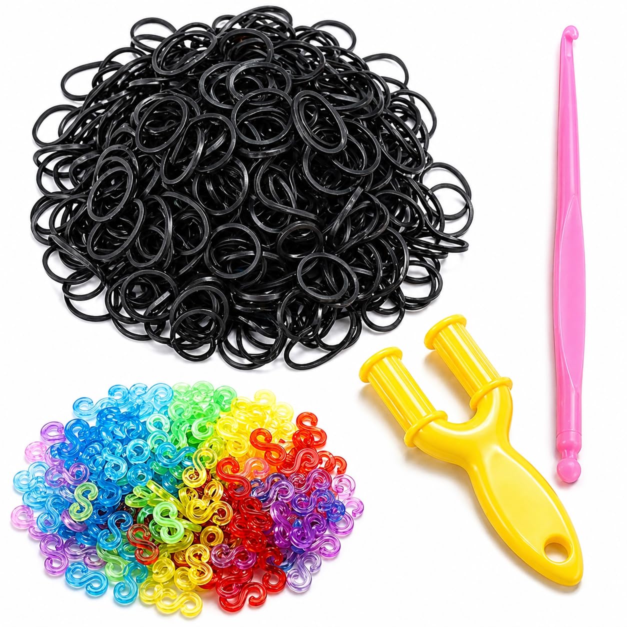 600+ Loom Bands Refill Pack with Hook Tool and Colorful S Clips Art Craft Refills for DIY Bracelet Making Refill Kit (Black Refill)