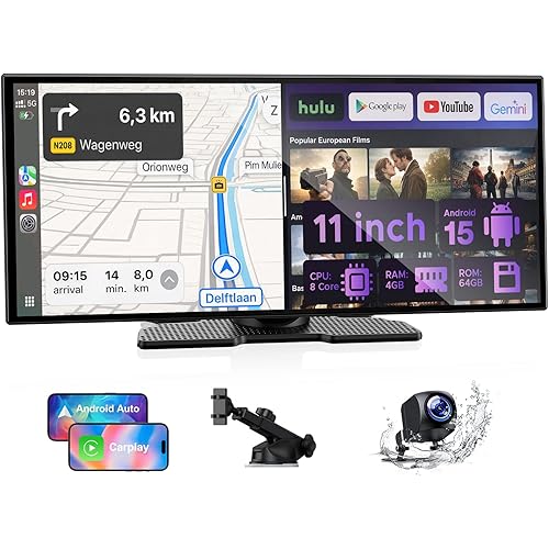 LAMTTO 11’’ CarPlay Screen with Google-play & Gemini AI, 8-Core Lag-Free, Wireless Car Play Android Auto, Vivid 60fps 1920x720 Display, Plug & Play, 1080P Backup Camera/DVR for Road Trip Entertainment
