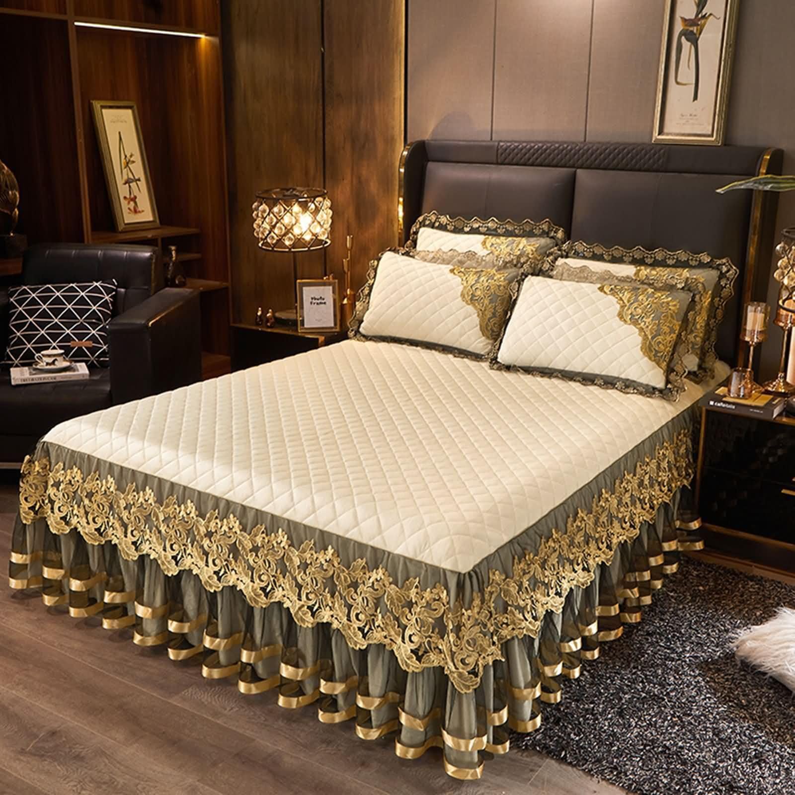 Drap Housse en Polyester avec Élastique, Motif de Dentelle Brodée avec Couleur Unie, 180 x 220 CM, Beige Jaune
