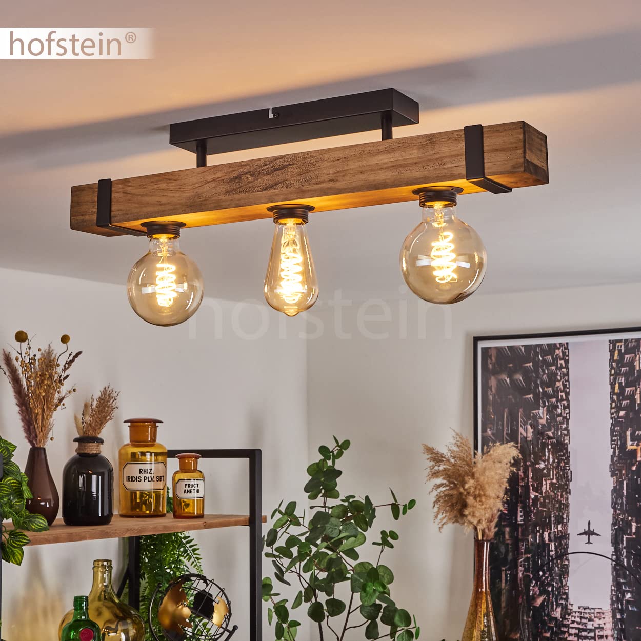 Lámpara de techo Montgomery, moderna lámpara de techo de metal/madera en negro/naturaleza, lámpara con varilla de madera en diseño vintage, 3 llamas, 3 x E27, sin bombilla(s)