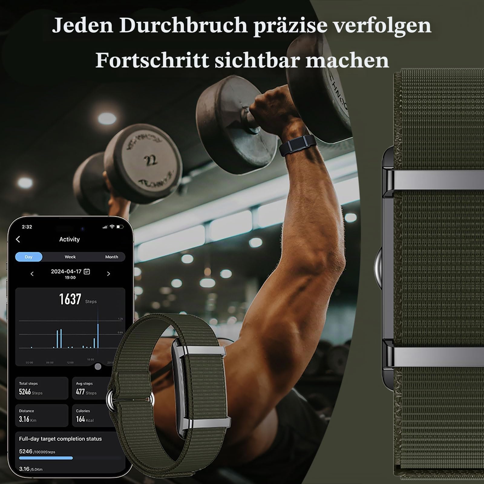 findtime Fitness Tracker Armband Aktivitätstracker ohne Display Wearable Schrittzähler Herzfrequenz Schlafmonitor Herzfrequenzmessung Wristband Nylon Smart Band Multisport-Modi Grün