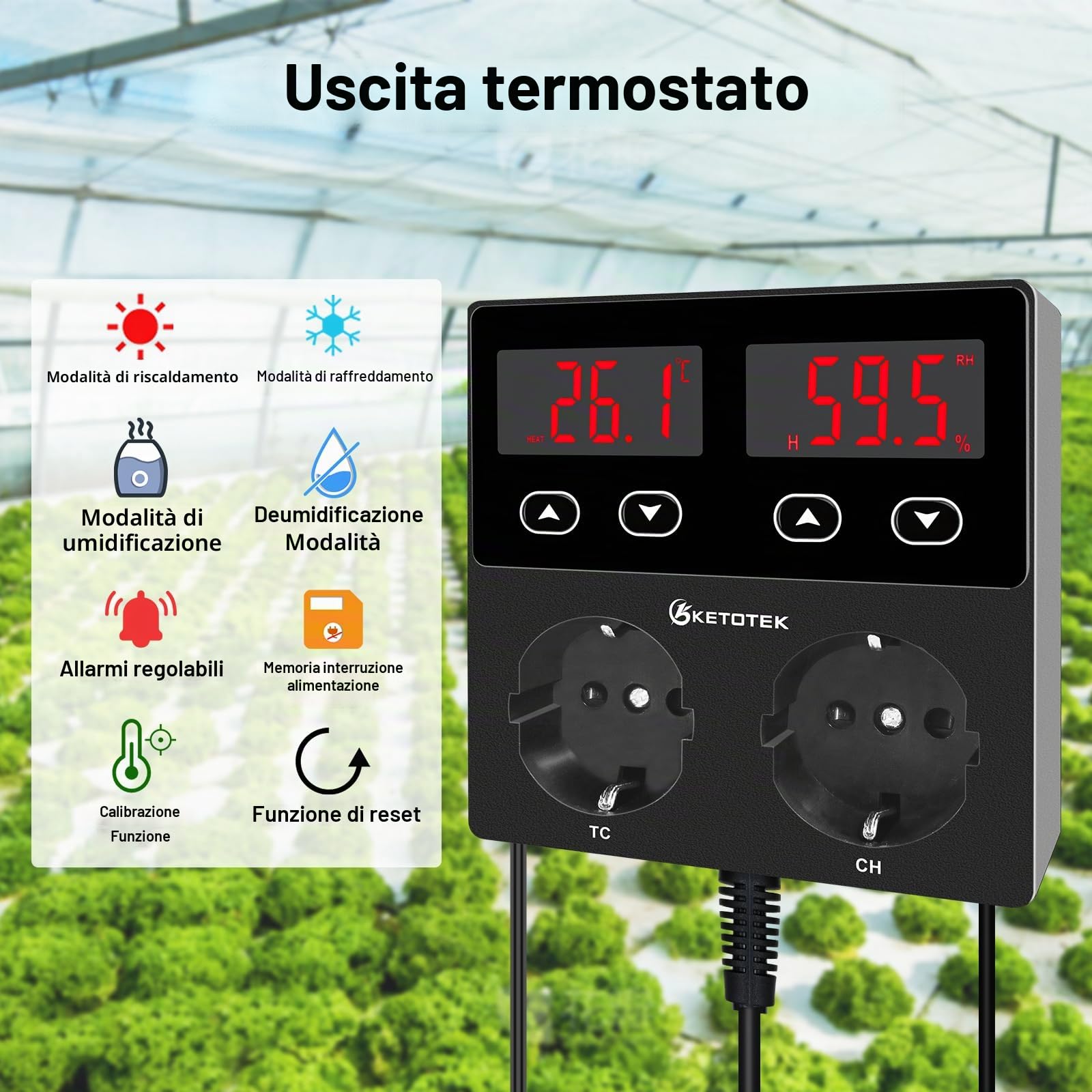KETOTEK Termostato Igrostato Presa Digitale, Regolatore di Temperatura e Umidità con Sonda, Regolatore di Umidità Spina 230V Umidostato con Allarme per Serra Rettili Terrario
