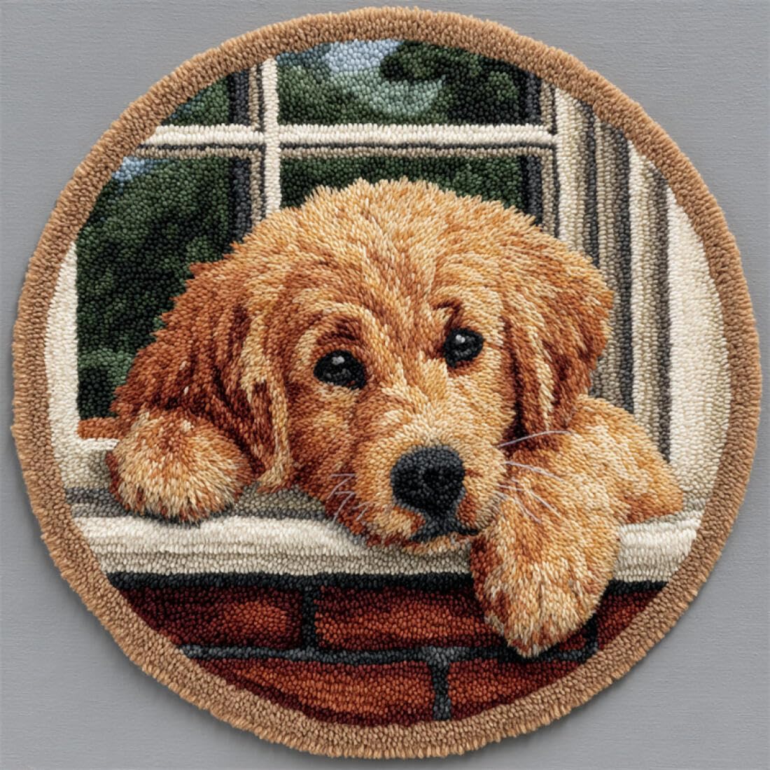 Rqwybcaxn DIY Latch Hook Rug Kit for the Elderly Animal Crochet Starter Kit Dog on the windowsill 100x100cm Round Tapestry with Crochet Hook Hallway Craft Gift