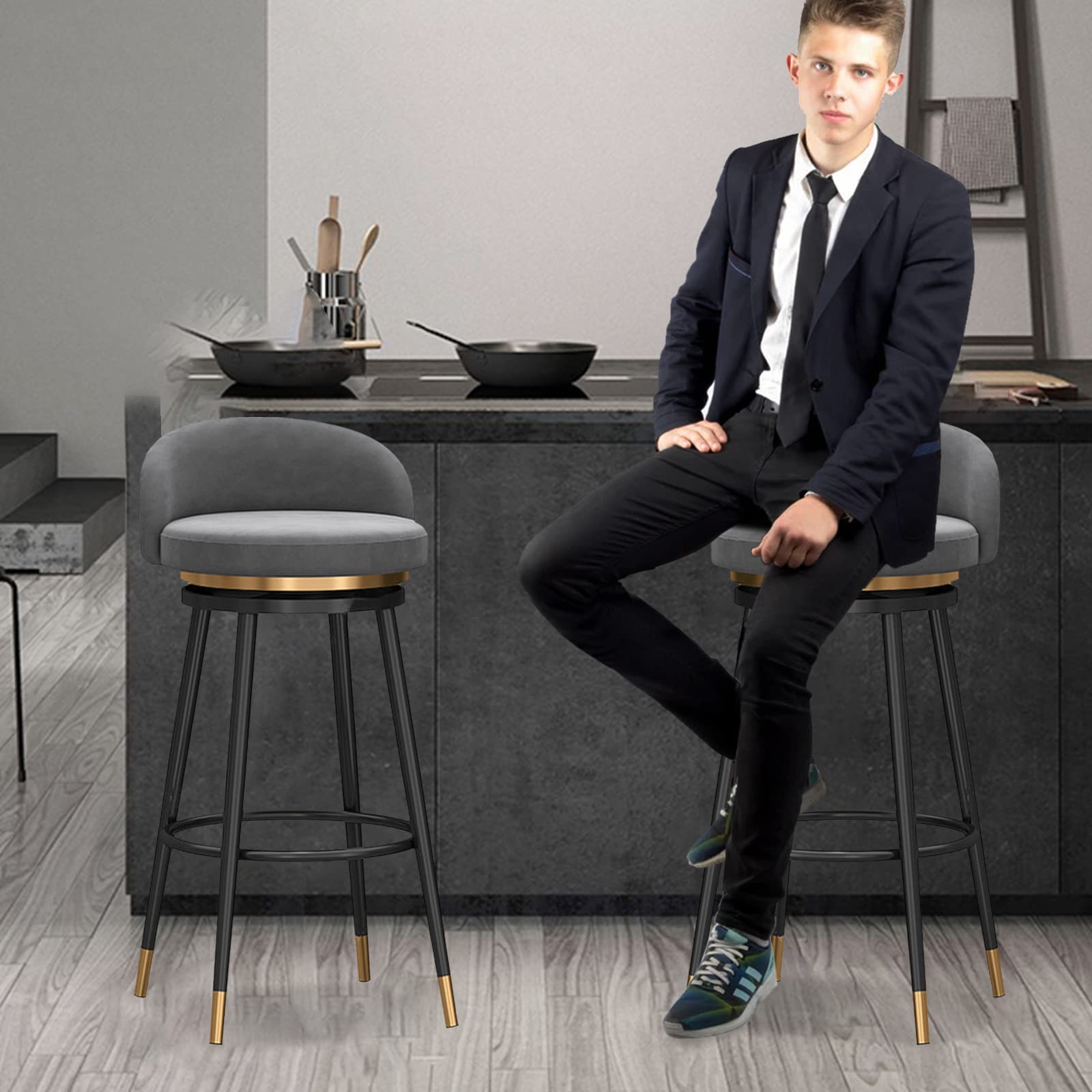 Moderno taburete de terciopelo con respaldo giratorio de 360° para isla de cocina, cómodo y elegante, taburete alto para barra de desayuno o restaurante