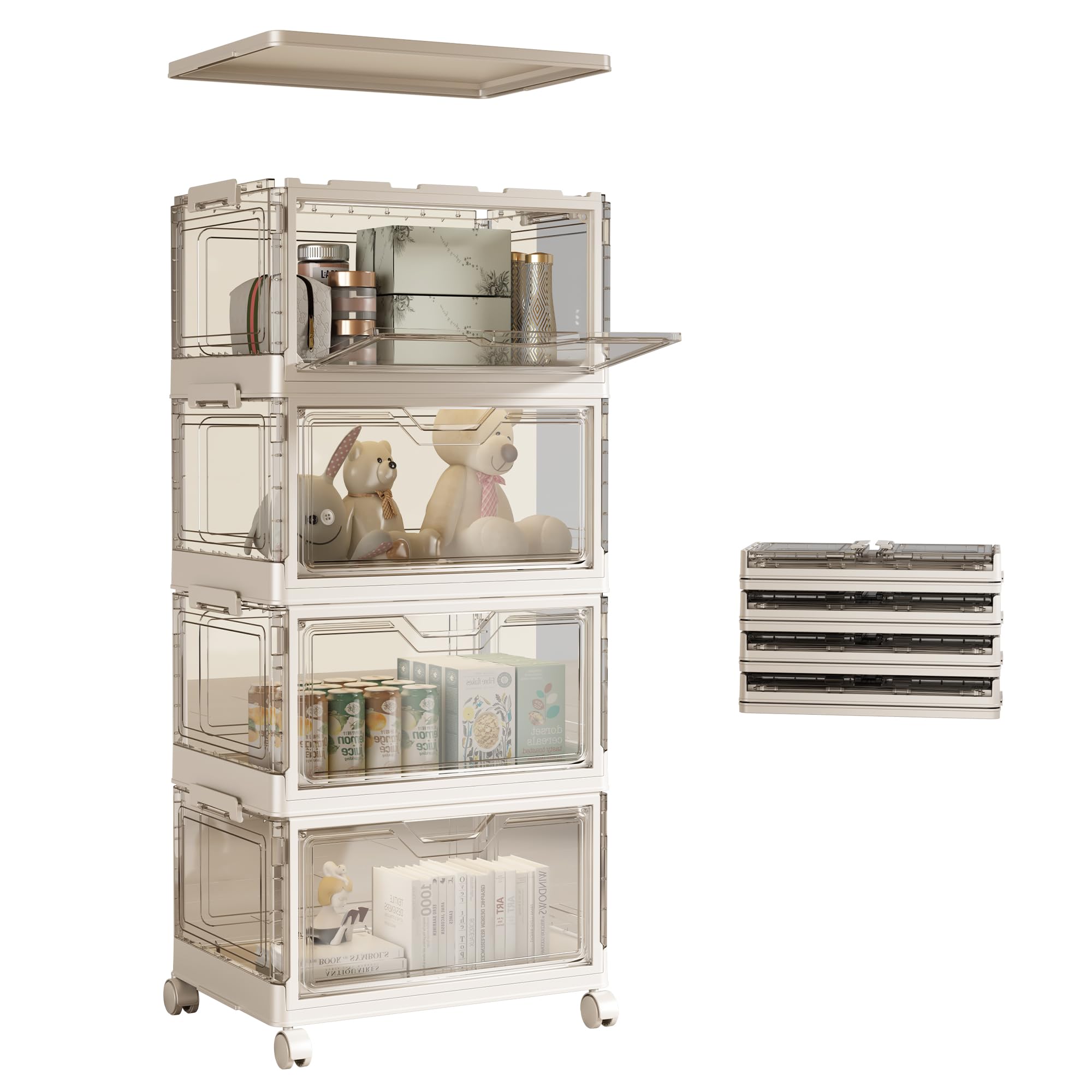 NETEL Storage Boxes With Lids, Stackable Storage Boxes 23L*4 Tier&2 Lid, Transparent Plastic Storage Boxes with Wheels, Plastic Storage Drawers with Doors, For Bedroom Living Room Bathroom